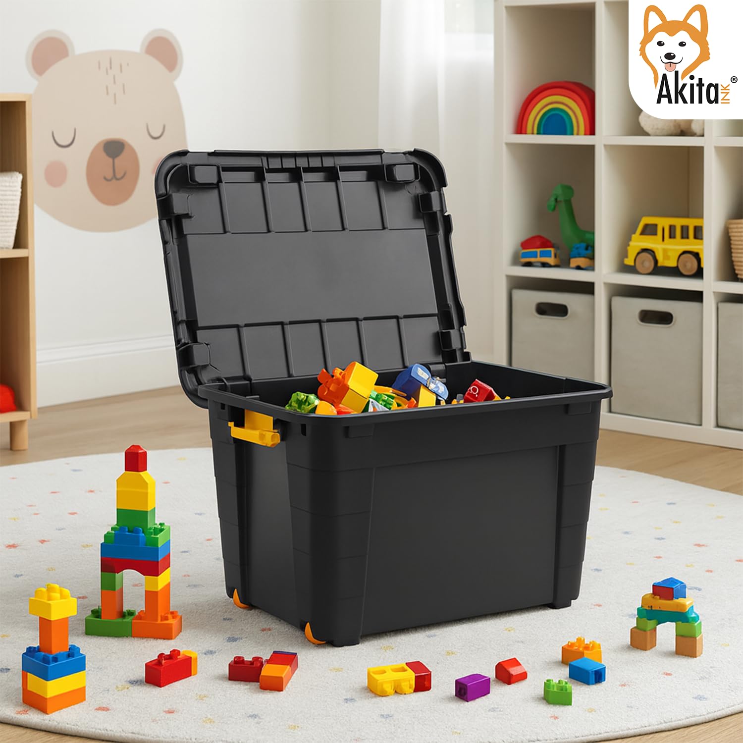 AKITAInk Contenitore Box con Ruote 60L e Coperchio - 39x36x59 cm - Magic 4 Aperture- Scatola Portaoggetti in Polipropilene Resistente, per Casa, Ufficio e Garage, Made in Italy (NERO, 60 L)