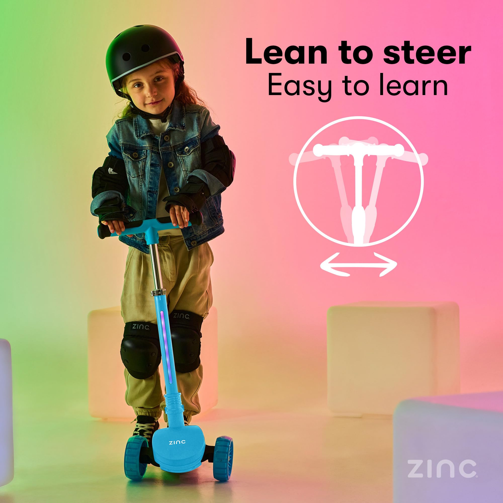 Zinc T-Motion Shine hulajnoga dla dzieci w wieku od 3 lat – trójkołowa, składana hulajnoga dla chłopców i dziewcząt, z podświetlanym blatem i kółkami LED, regulowana kierownica, sterowanie pochyleniem