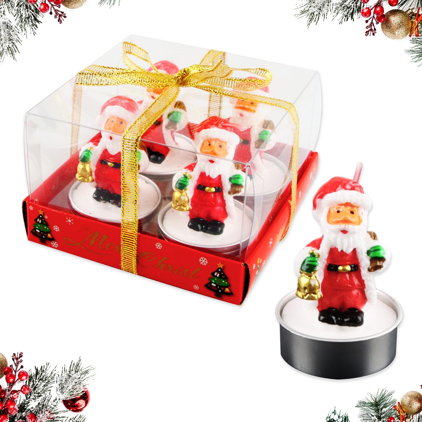 4 Piezas Velas para Decoracion Navidad, RosyFate Velas de Te de Papá Noel, Velas Decorativas, Velas de Te, Decoración Casa Navidad