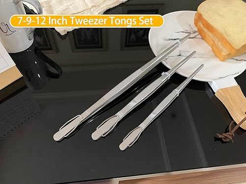 Miniatura 2 de JETKONG Pinzas para alimentos, puntas dentadas de precisión, pinzas de cocina profesionales, juego de 3 (7, 9, 12 pulgadas, plateado)