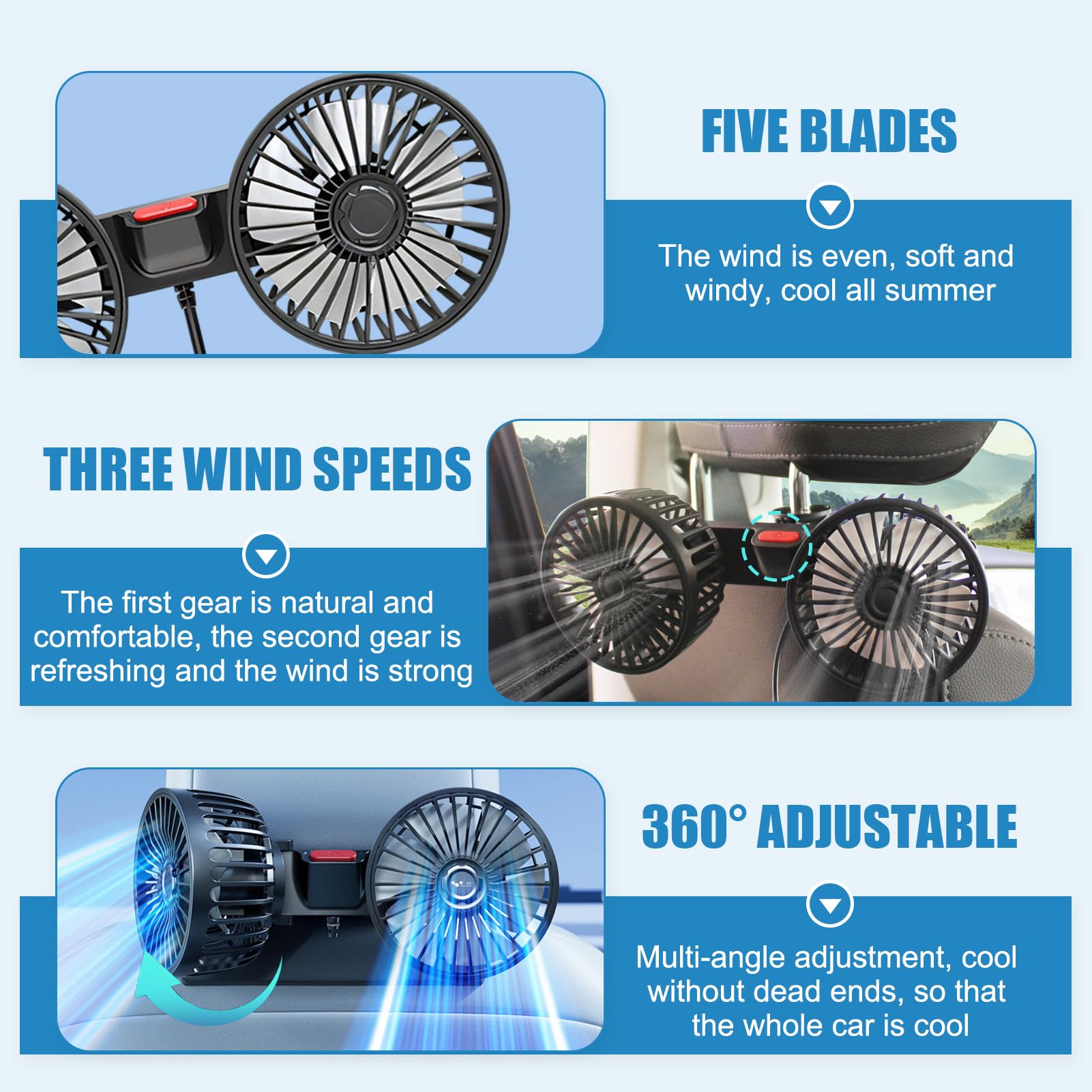 Ventilateur de siège arrière de voiture rotatif à 360 °, ventilateur de voiture USB, 3 vitesses réglables, puissant et silencieux, mini ventilateur pour la maison, le bureau, 12 V, camion, caravane