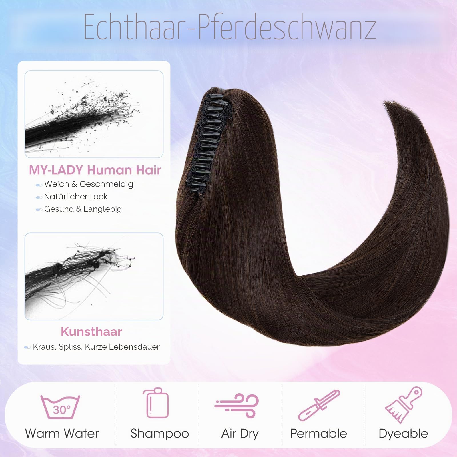 MY-LADY Ponytail Extension Zopf Echthaar, 40cm Dunkel Braun Lang Pferdeschwanz mit Klammer Clip In Zopf Haarverlängerung für Damen Glatt 105g #02