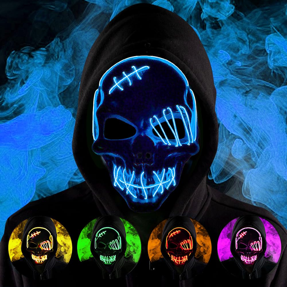 HATFRYF Halloween Skull Mask, Scary LED Halloween Mask, Halloween Face Masks for Men Women Kids, Light up Cosplay, Glowing Horror Smile, Anonymous Neon Gifts — image 1