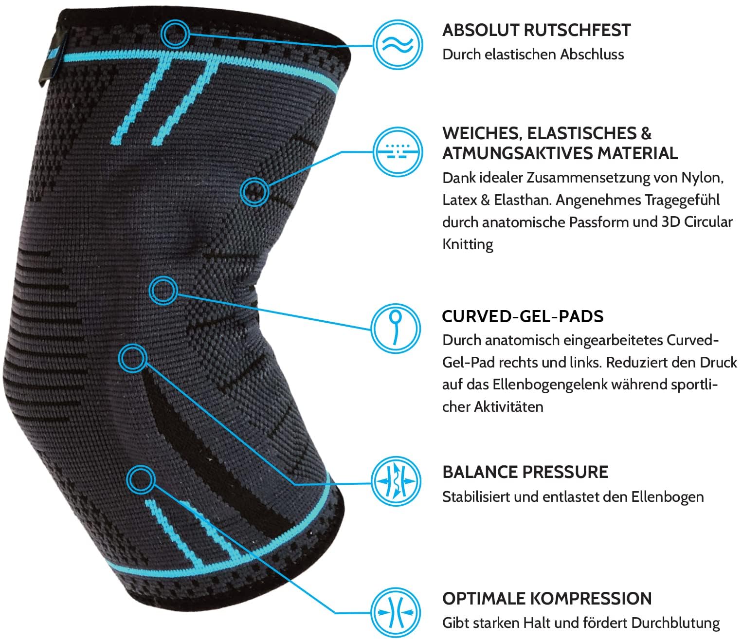 Ellenbogenbandage Upgraded stabilisiert & schützt die Gelenke, rutschfeste Tennisarm Bandage mit Curved-Gel-Pads, geeignet für alle Sportarten wie Tennis, Gewichtheben & Golf (M | Blau)