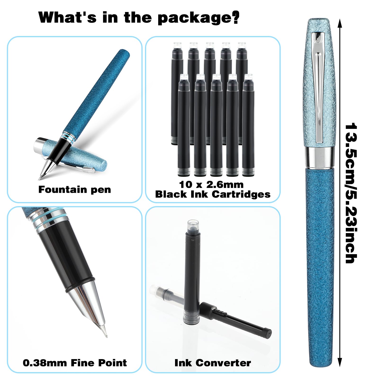 Stylo Plume Métal Andibro - Pointe Fine 0.5mm Avec 10 Cartouches Encre Noire
