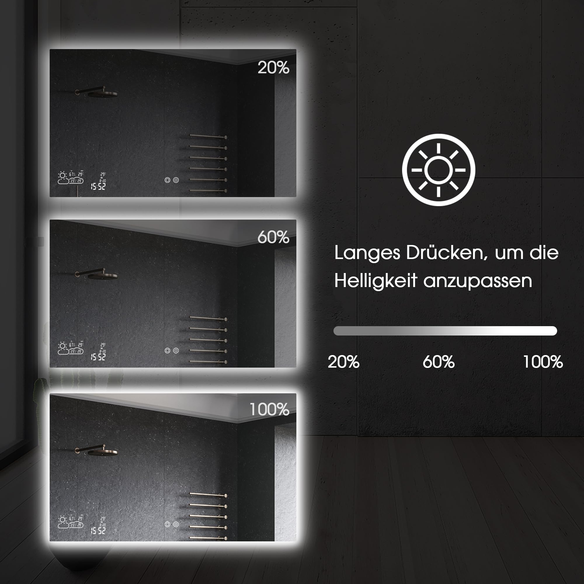 byecold Badspiegel mit LED Beleuchtung 100x60CM, Spiegelheizung mit Wetterstation, WiFi & Touch-Schalter, Bad Beschlagfrei Spiegel Heizung, Horizontal