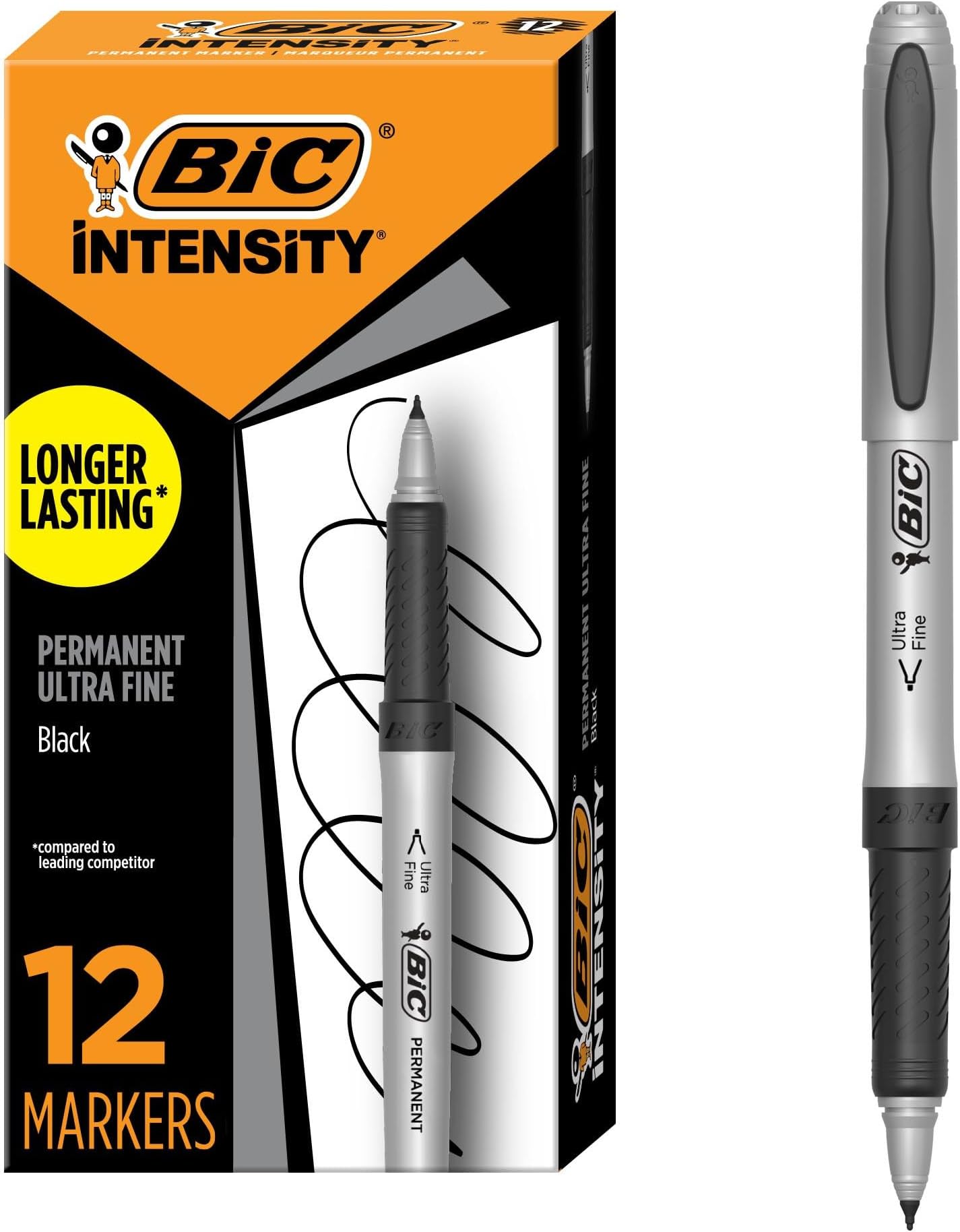 BIC Intensity Black Permanent Markers, Ultra Fine Point, 12-Count Pack of Black Markers With Non-Slip Grip for Comfort and Control