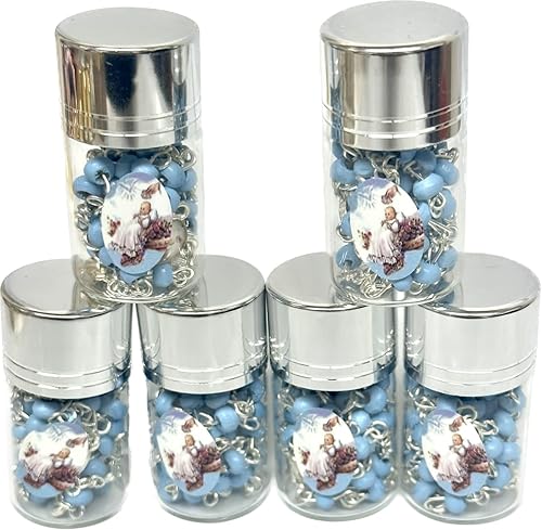 -12 piezas Rosario de bebé bendecido en frasco de vidrio con cuentas Rosario Recuerdos de Bautizo Crucifijo católico de plata collar de fiesta