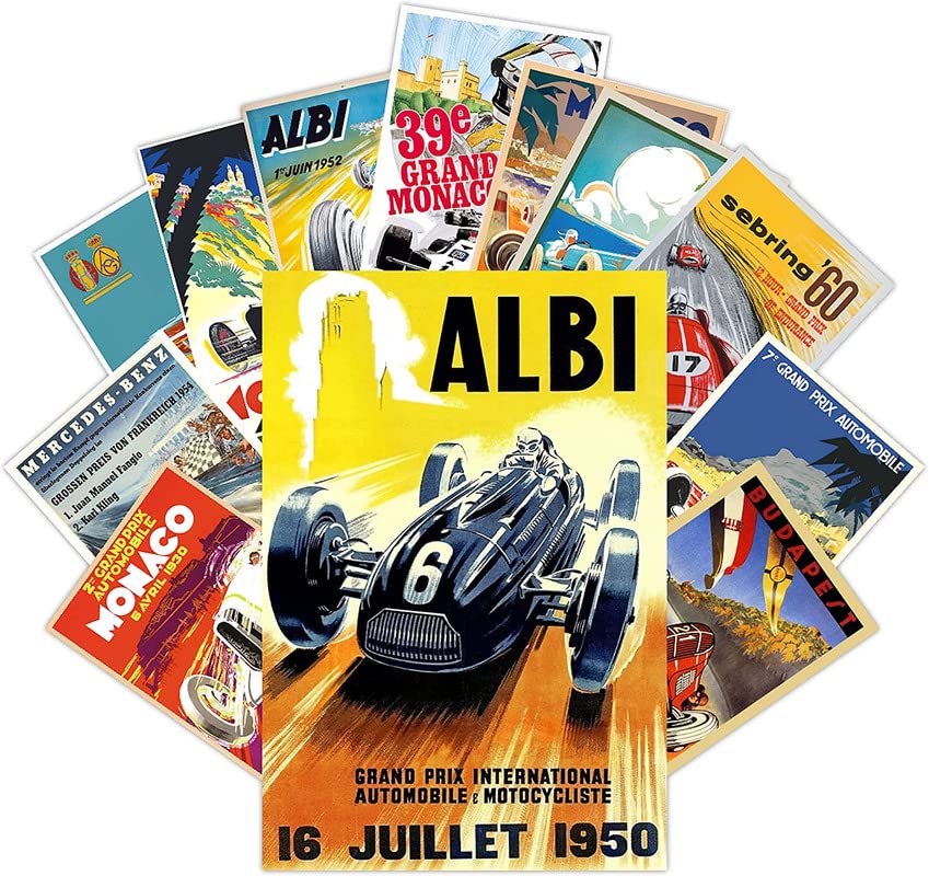 UniqueTown® Vintage Race Car Posters Decal for Indie|Wall Office, Drawing Bedroom,Hall Room Decor - Retro Racing Car Posters for Room Aesthetic -9 * 12inch(22.86x30.48cm), Pack 12