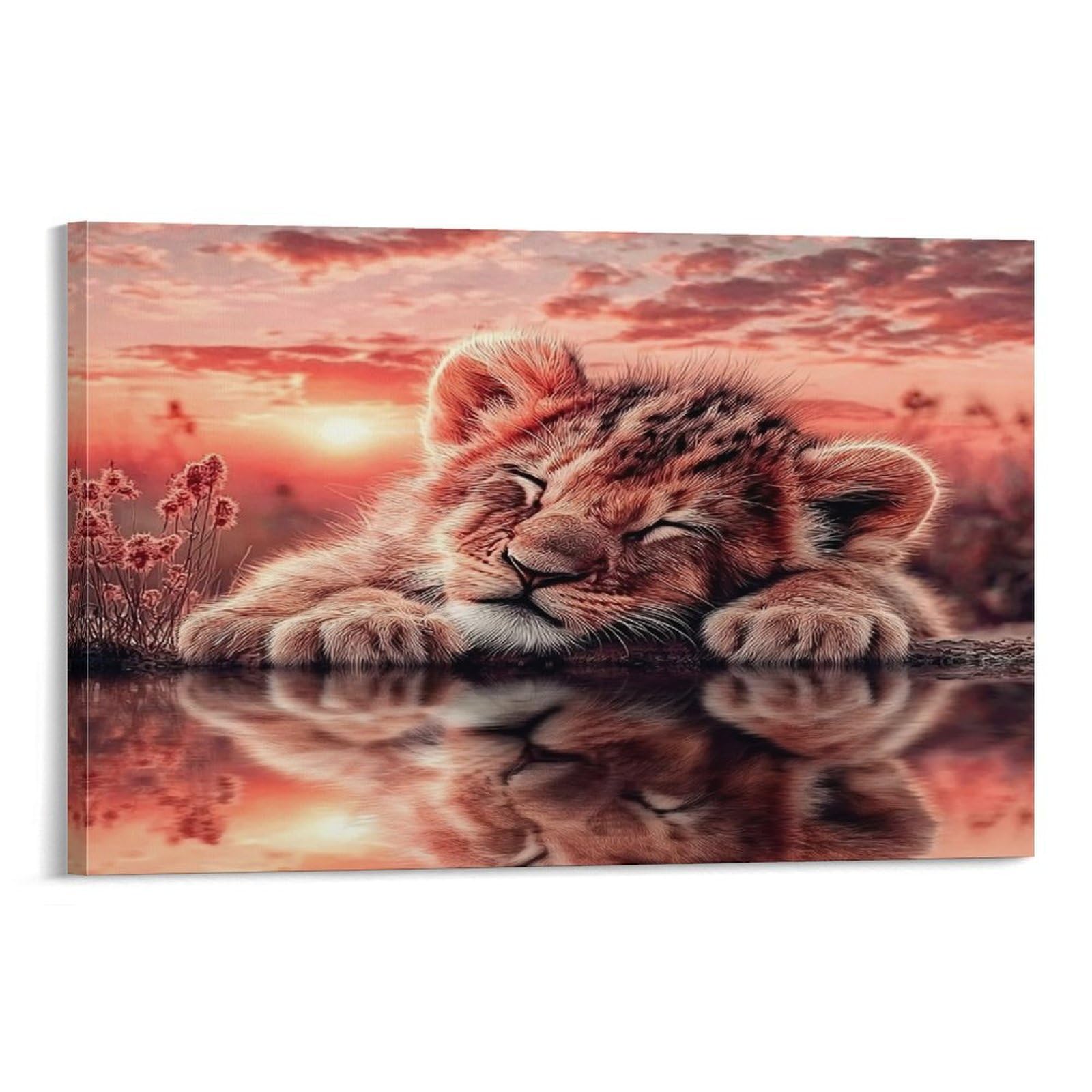 CPLVKWRQJ Cute Lion Cub Sleeping 1 Piece Sleepy Cub Water Sunset Reflection Canvas Wall Art - Bedroom Canvas Painting Easy to Clean Statement Piece Wall Decor 20x30inch(50x75cm)