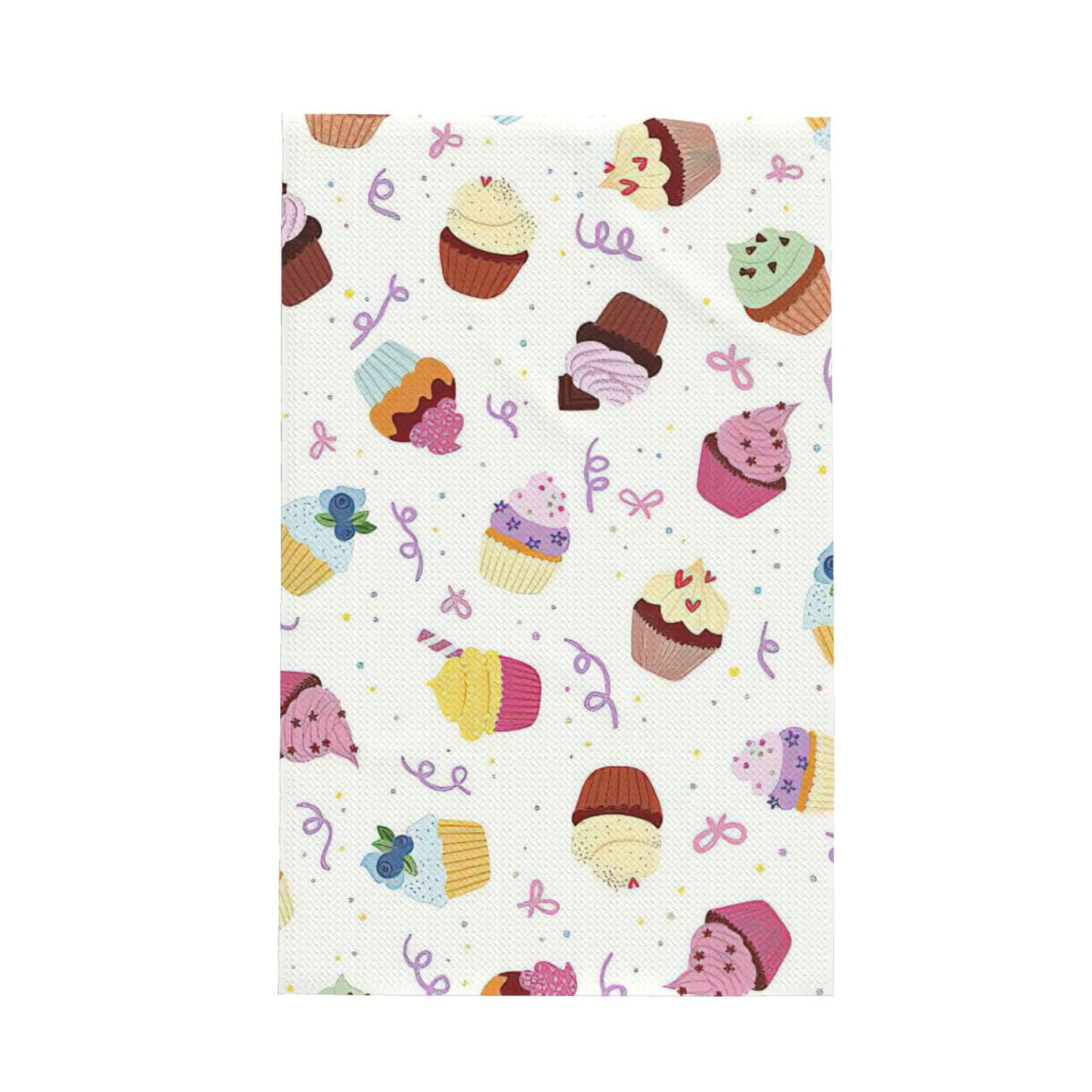 CKGODGF Delicious Cupcakes Print Absorbent Waffle Dishcloths,Kitchen Towels With Hanging Loops,Tea Towels.