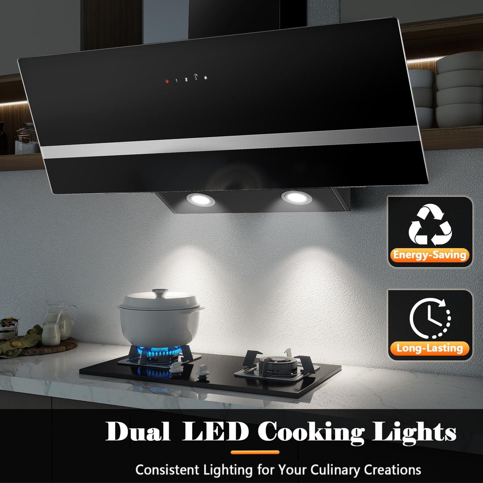 SNDOAS 90cm Cooker Hood, A+++ Wall Mounted Extractor Hood with DC Motor, 450 m³/h, 3 Speed & Booster, Touch Control and Recirculating & Ducting System for Kitchen Extractor Fan, Tempered Glass, LED — view 8