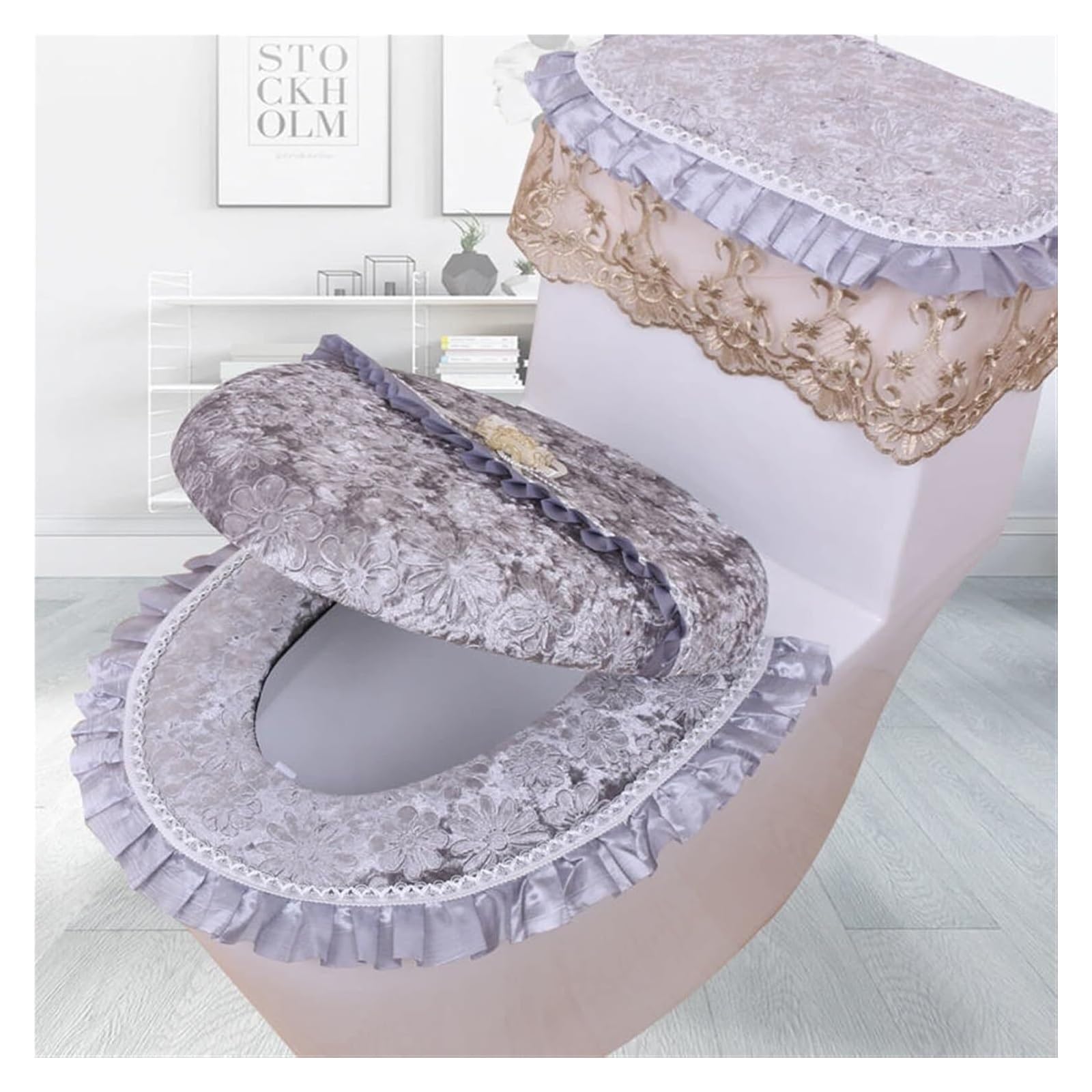 OPFdfhDFH Toilet seat covers, toilet seat cushion,Plush Toilet Lid Cover Case with Lace Seat Covers Warm Soft Bathroom Cushion Mat Universal(Gray)