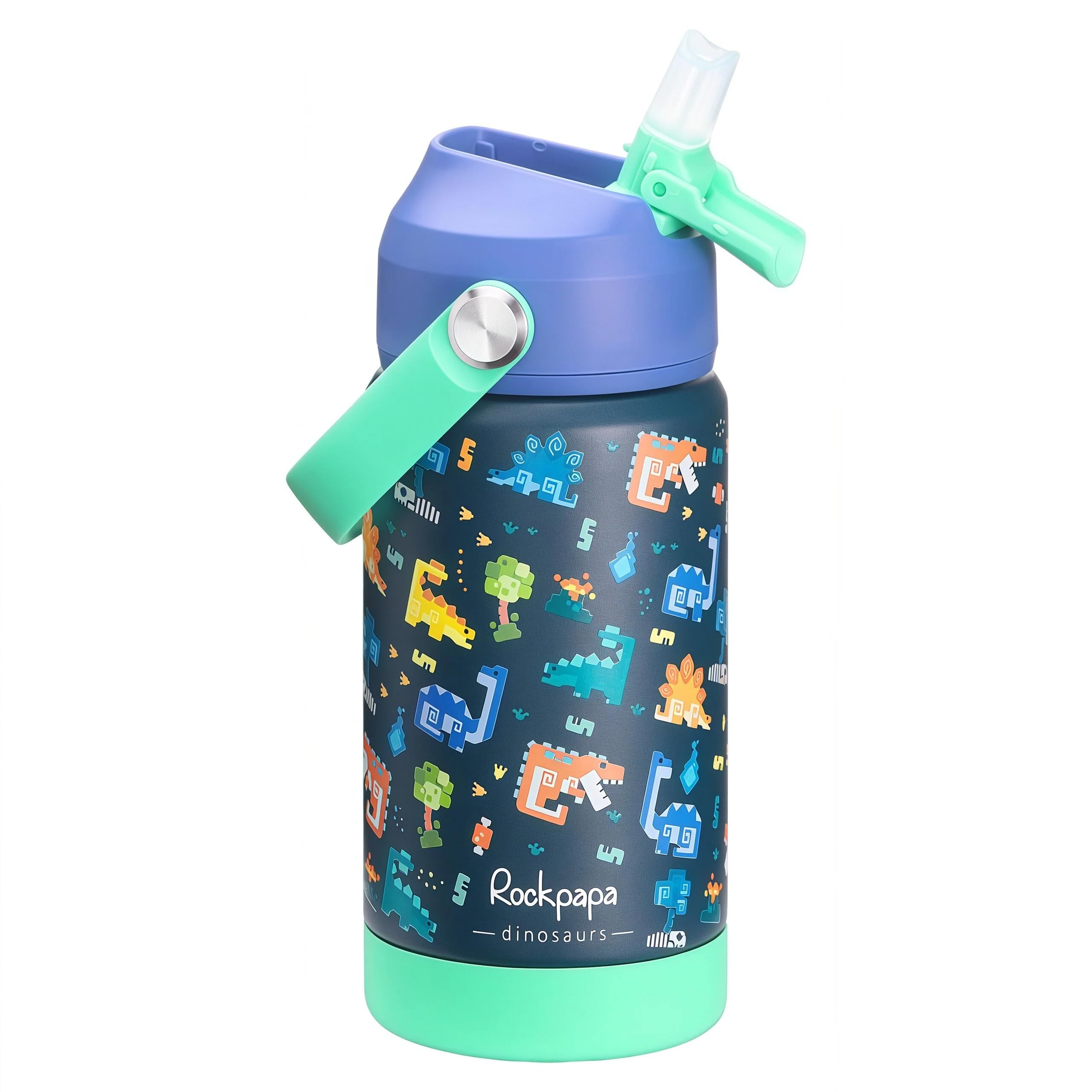 Rockpapa Kids Insulated Water Bottle with Straw, BPA-Free, 18/8 Stainless Steel, Leak Proof, 14OZ Metal Cup Water Bottle for School Boys Girls (Blue Dinosaur) โ image 1