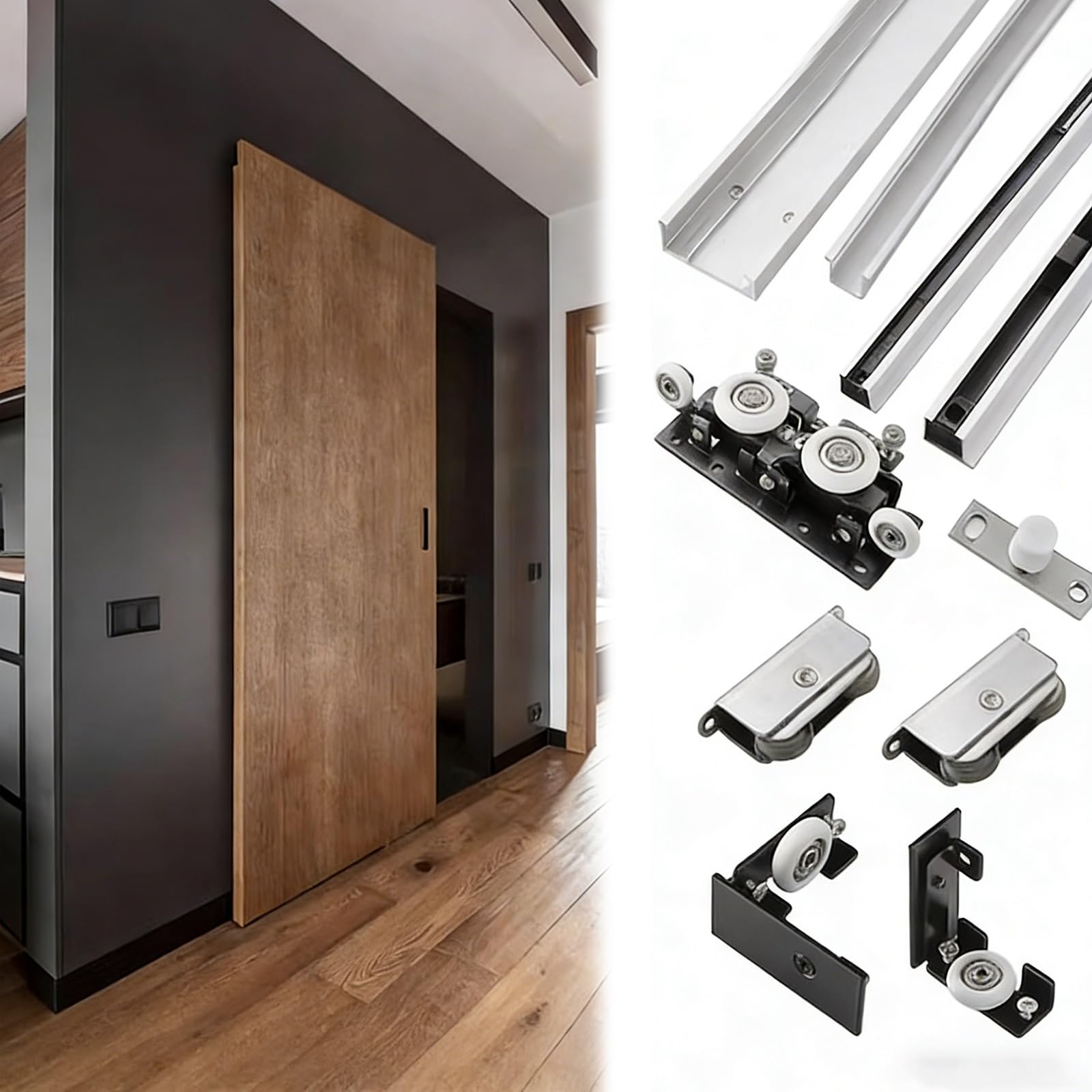 Kit de herrajes para puerta corredera de granero de 80170 cm, rodillo silencioso, accesorio de puerta de madera para el hogar, fácil instalación, acero duradero, apto para uso interior y exterior