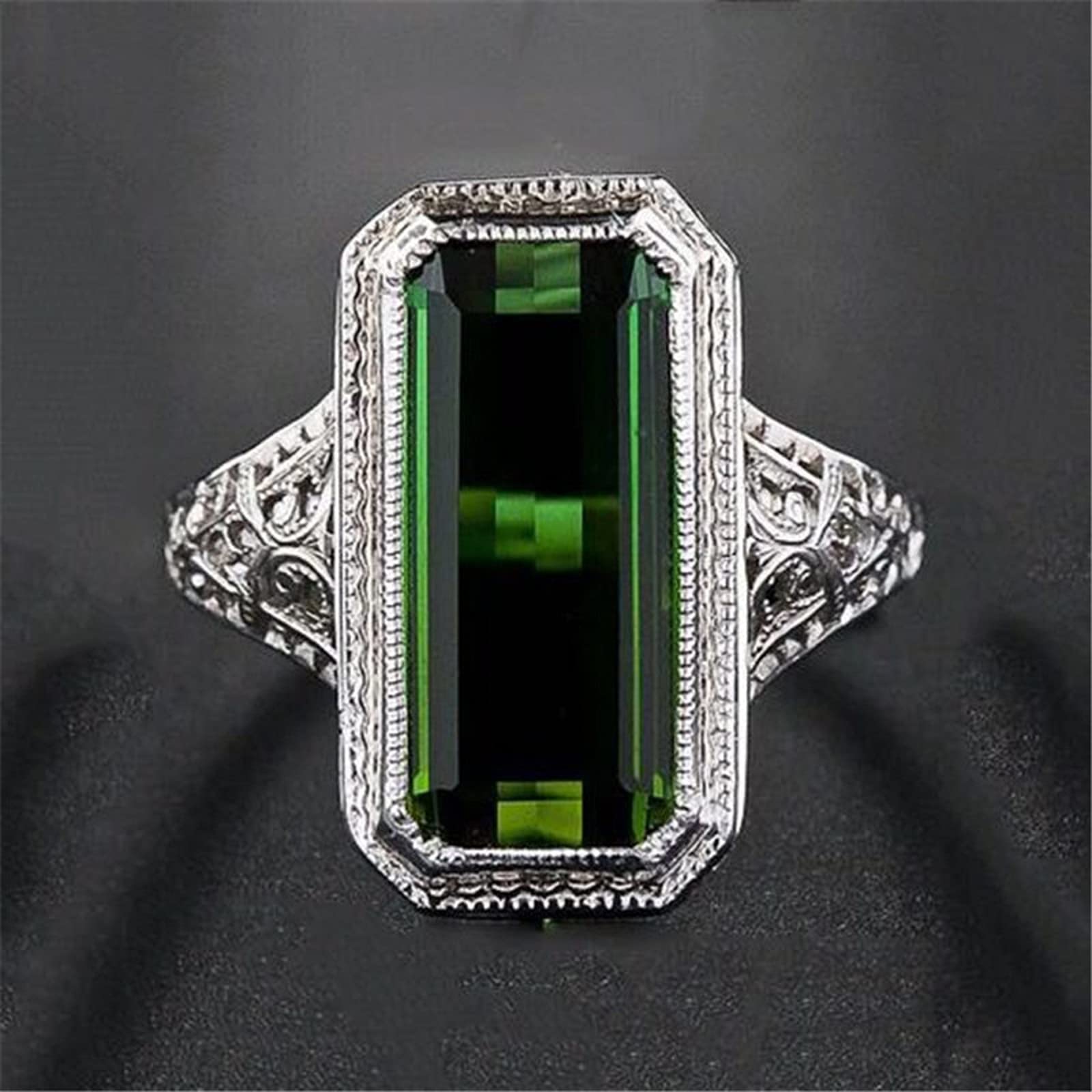 ChenFeng 925 Silver Handmade with Baguette Cut Simulated Green Emerald Stone Men's and Women's Band Ring (9)
