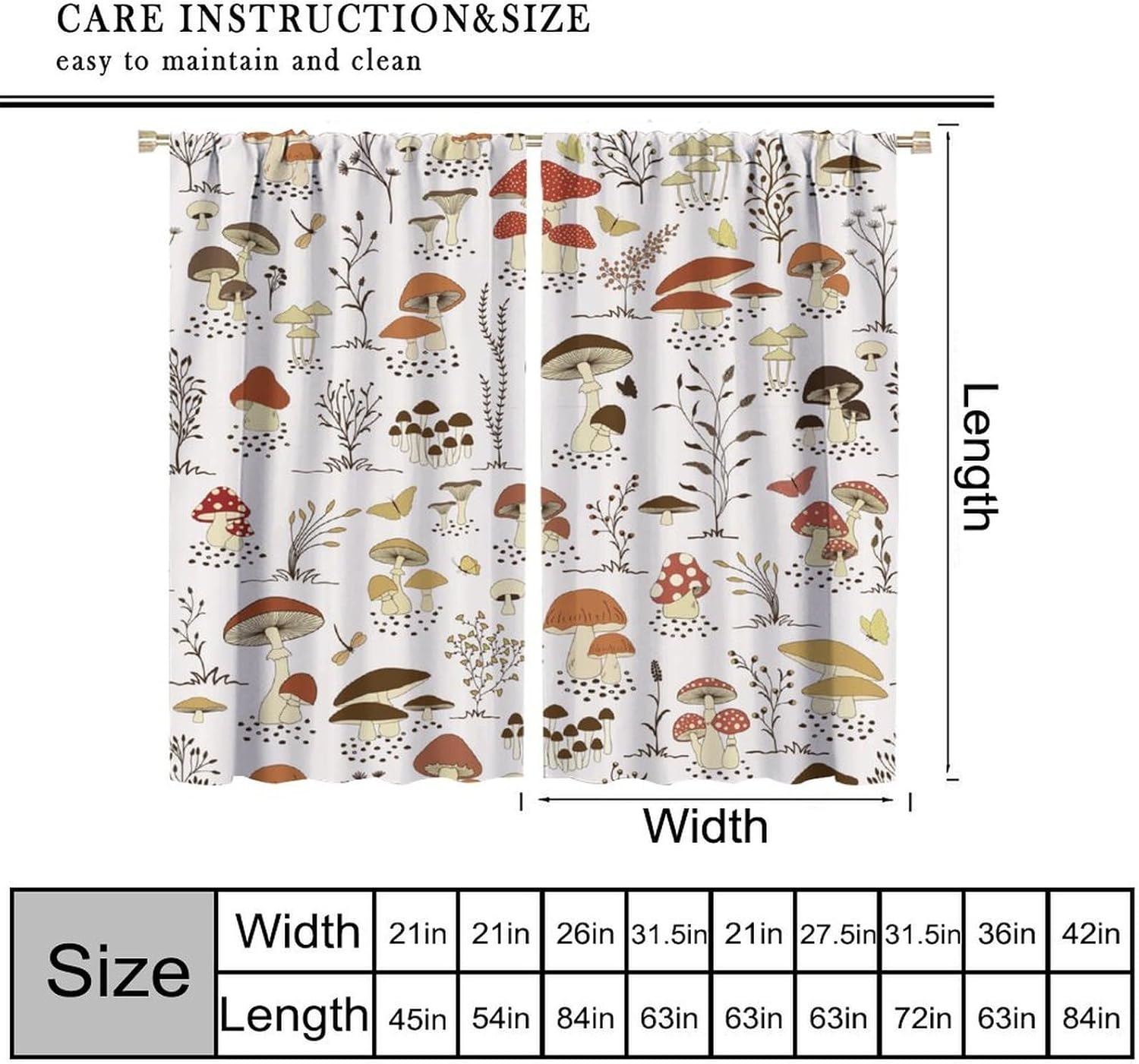 Mushroom Modern Curtains for Kids Girls Bedroom Kitchen Farm Window Treatments Cartoon Cute Plants Watercolor Forest Botanical Herbs Floral Blackout Drapes 2 Panels 42x45 Inch