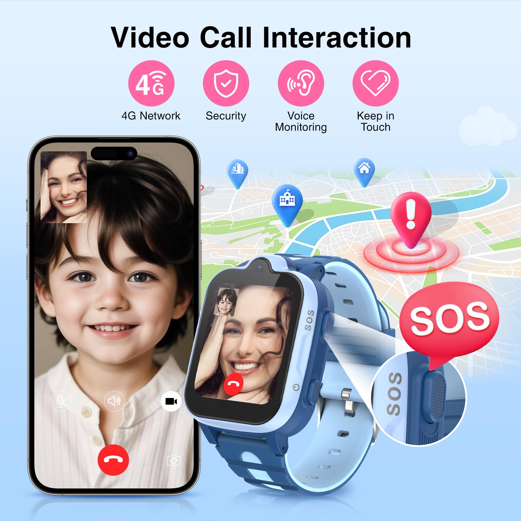 AstraMinds Smartwatch Bambini 4G per Ragazzi e Ragazza, Orologio GPS, Impermeabile IP67, Videochiamata, WiFi, SOS, Chat in Tempo Reale, Messaggi, Fotocamera, Contapassi, Sveglia per 4-12 Anni (Blu)