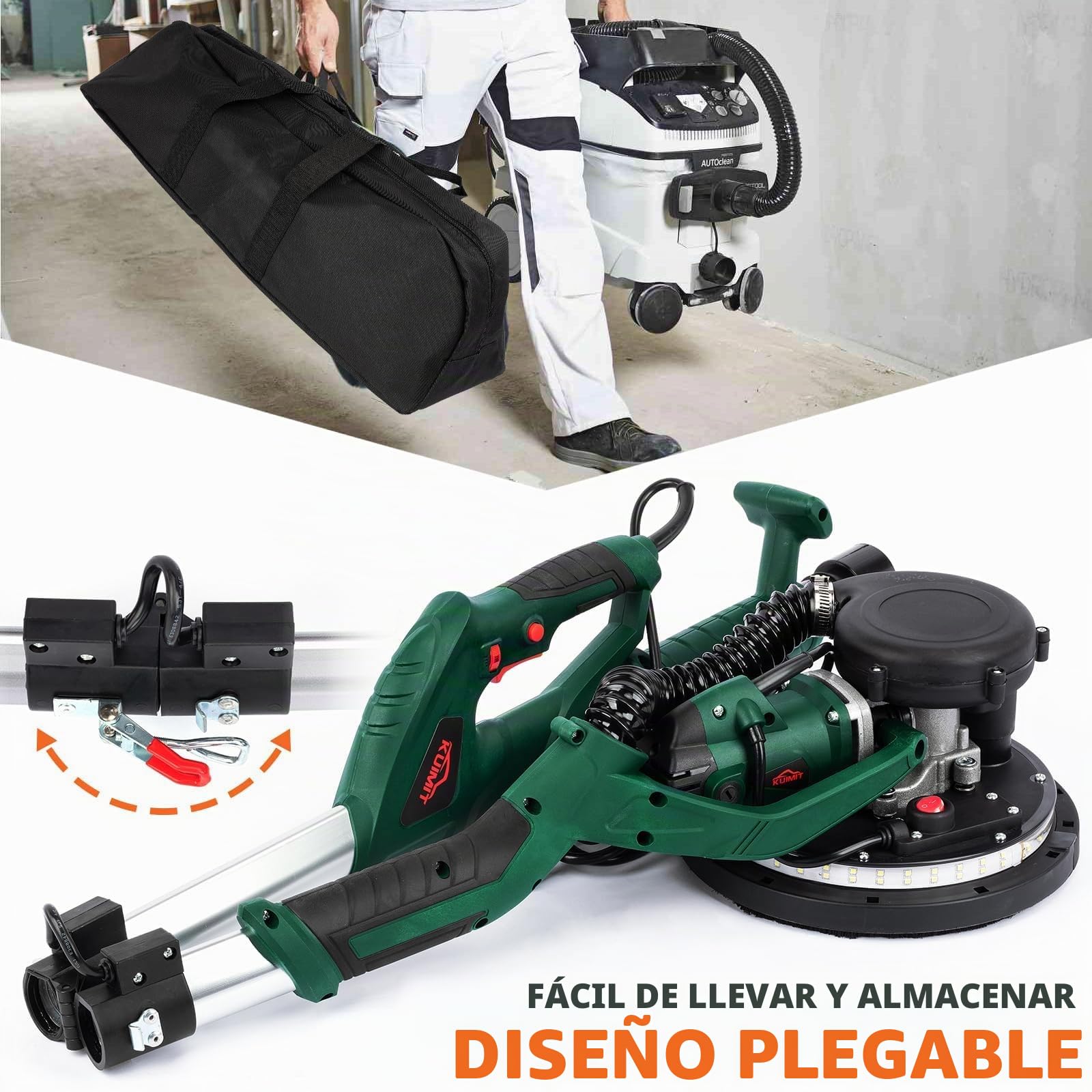 Lijadora de Pared, 850W Lijadora Eléctrica con 12 Discos de Lijado, 6 Velocidades Variables 800-1750 RPM, con Mango Extensible, Luz LED, Manguera Larga para Polvo y Bolsa de Almacenamiento