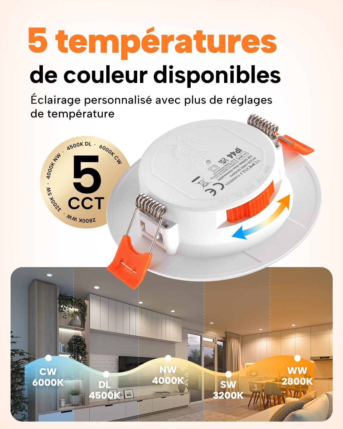Tomosu Lot de 12 Spot LED Encastrable Dimmable, 5W 550LM Spot Salle de bain IP44 Spots Extra Plat, Spots LED Encastrable 68mm - 80mm Découpe pour Salon Cuisine Blanc Chaud Blanc Neutre Blanc Froid