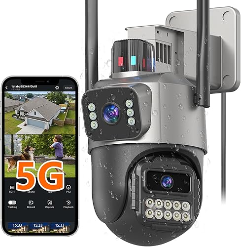 Cámara de seguridad 5G para exteriores, 6MP 6X PTZ Cámaras exteriores de doble lente para seguridad del hogar, cámara con cable impermeable IP66,