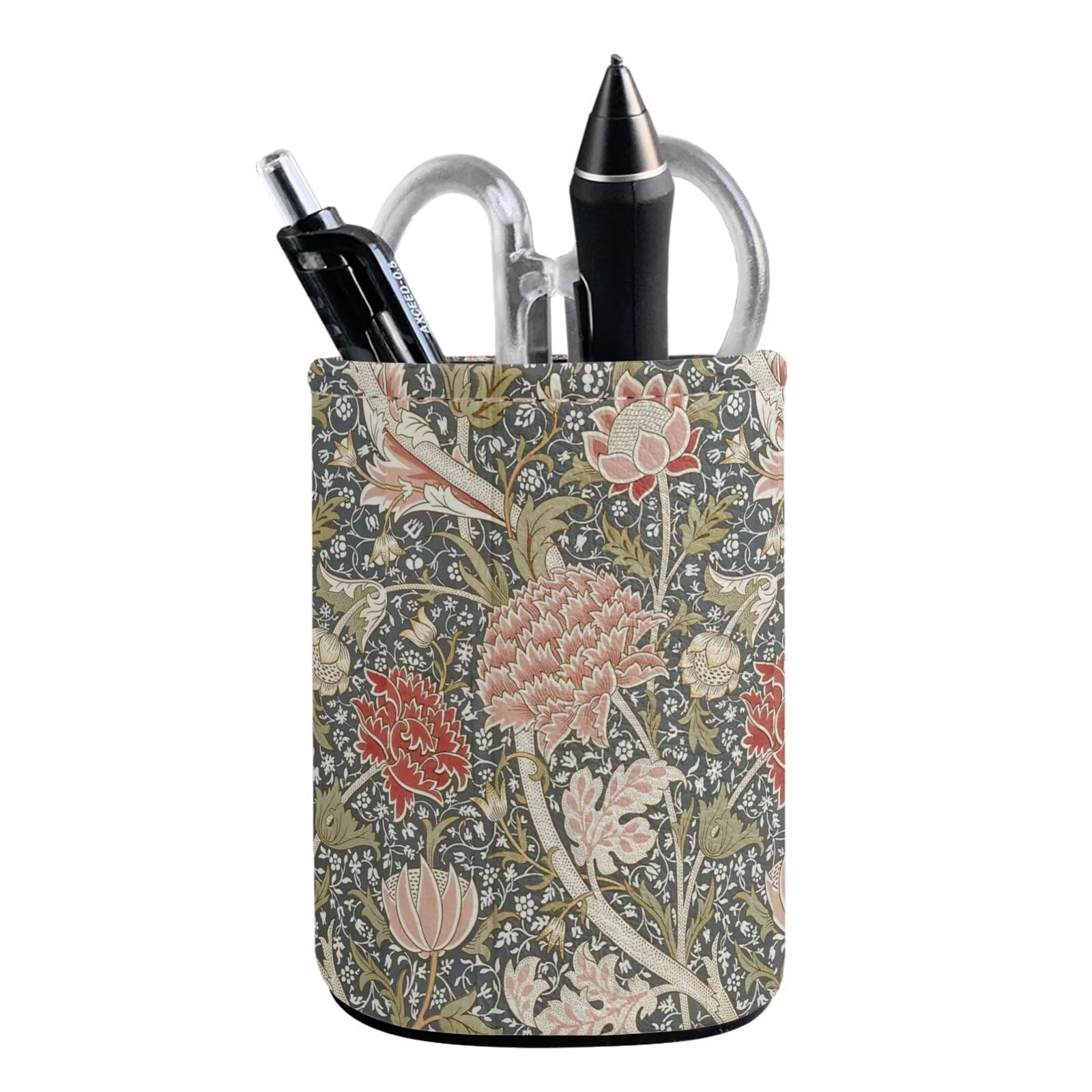 Buxolandt Red Pink Flower Leaf Print Pencil Holder Pen Cup PU Leather Brush Scissor Holder Container Desk Organizer Stand Decor Decoration Office Desk Home School Supplies (7.6 x 10.3 cm) - Image 3