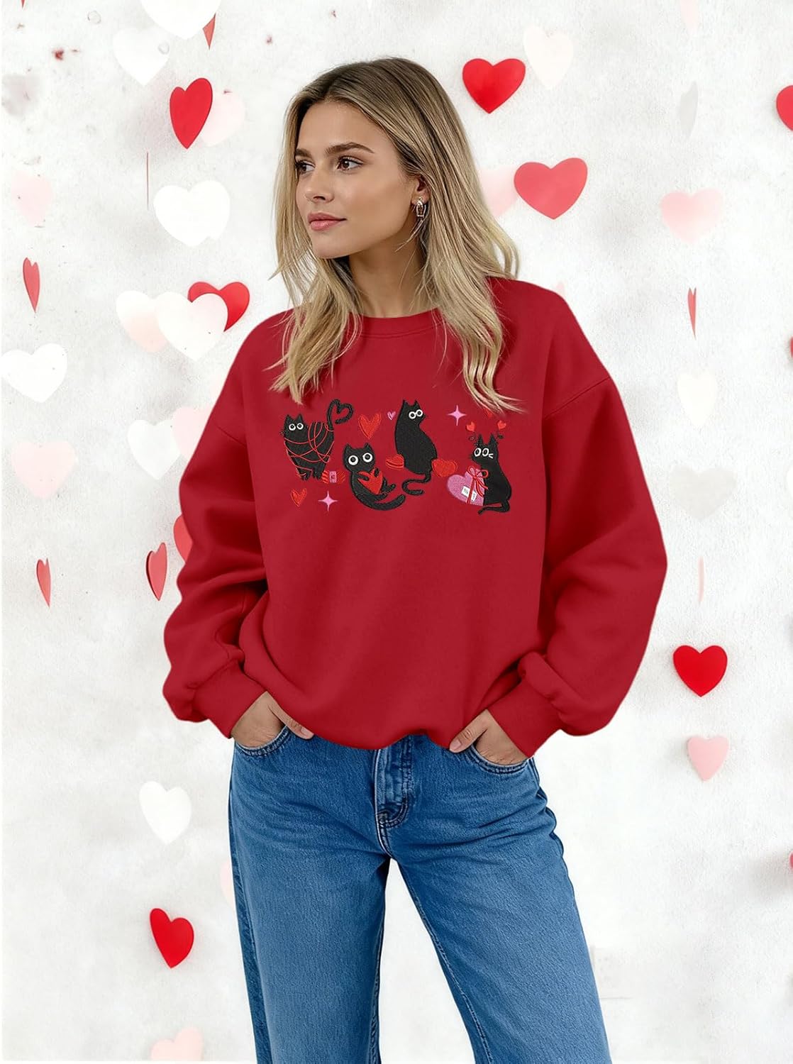 Cat Valentine Sweatshirts for Women Fleece Cute Cat Love Sweatshirt Valentine's Gift Long Sleeve Shirt - Image 7
