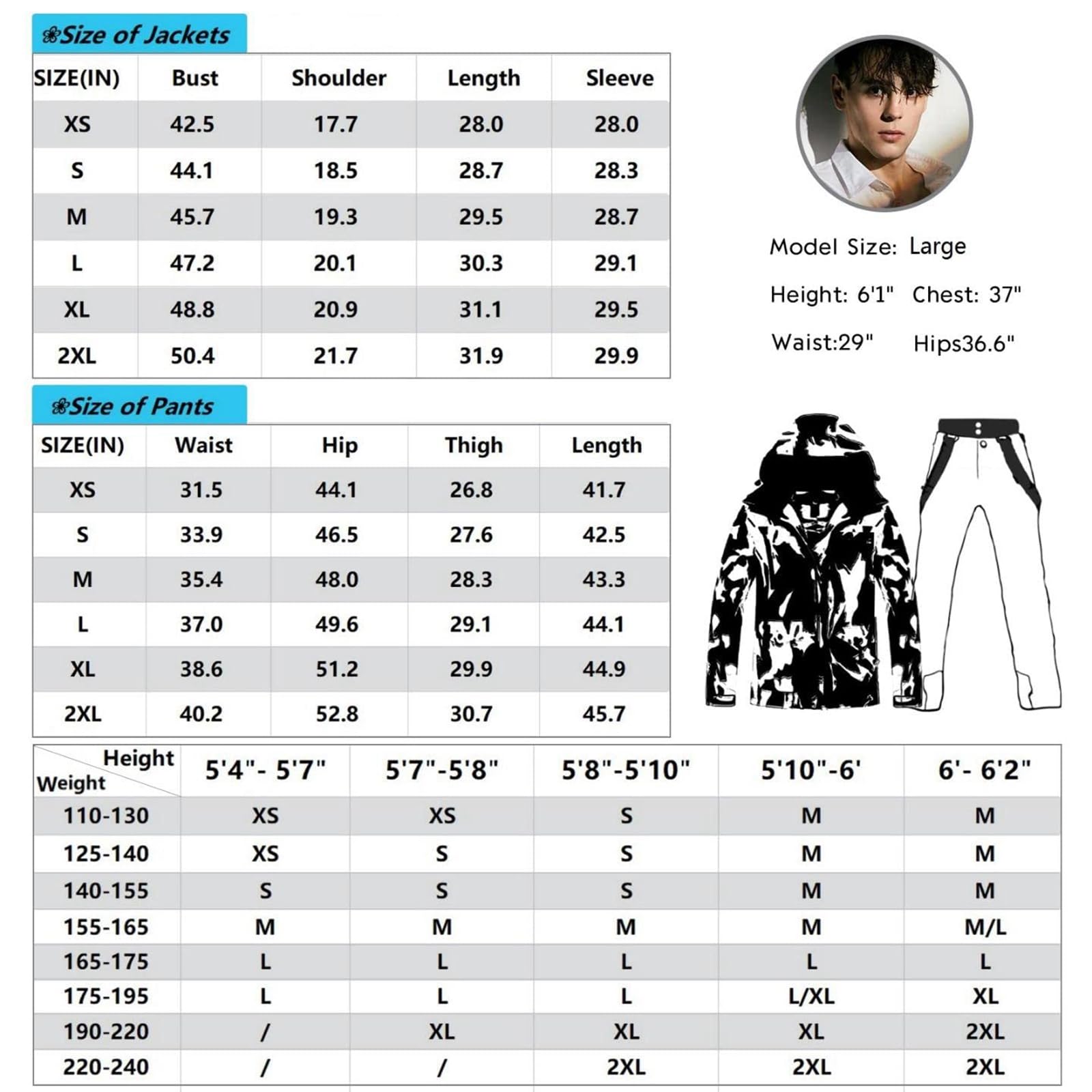 ALSOGO Męski kombinezon narciarski, kurtka i spodnie, zestaw wodoszczelny, kombinezon śniegowy, kurtka snowboardowa, spodnie, odzież narciarska dla mężczyzn