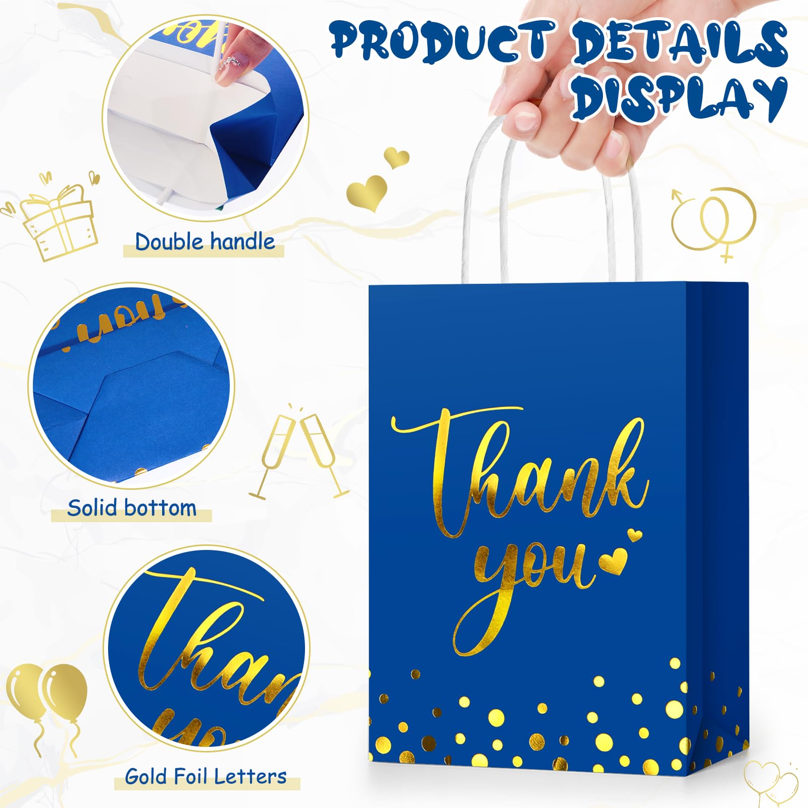 PerKoop 60 Pcs Thank You Gift Bags Bulk Paper Gold Thank You Wedding Bags with Handle for Business, Shopping, Wedding, Baby Shower, Party Favors (Royal Blue)