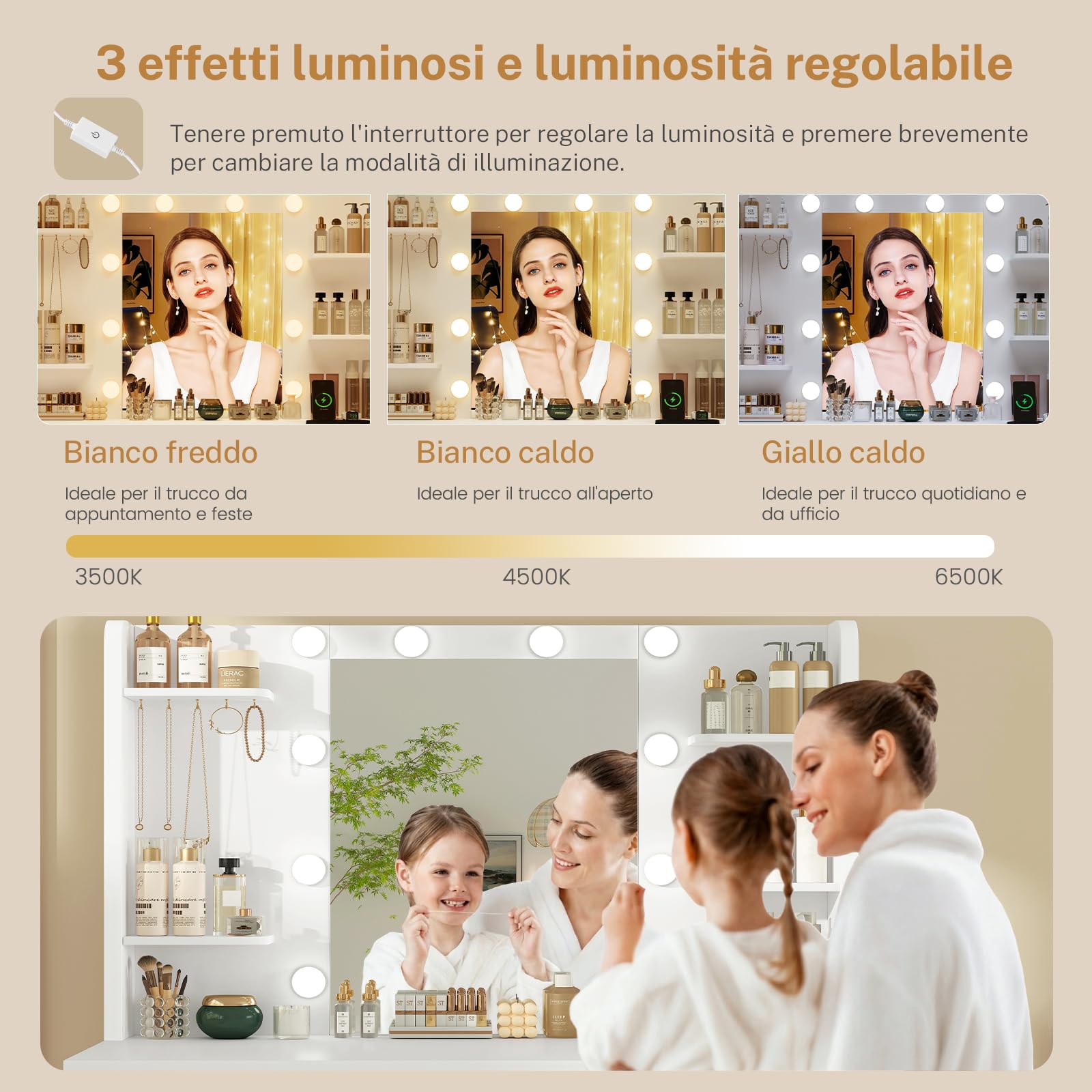 TEENFON Toeletta Trucco con Specchio, 3 con Luminosità Regolabile, Postazione Trucco con 4 Ripiani Apert, Bianco,Presa, 4 Cassetti, 5 Ganci per Gioielli