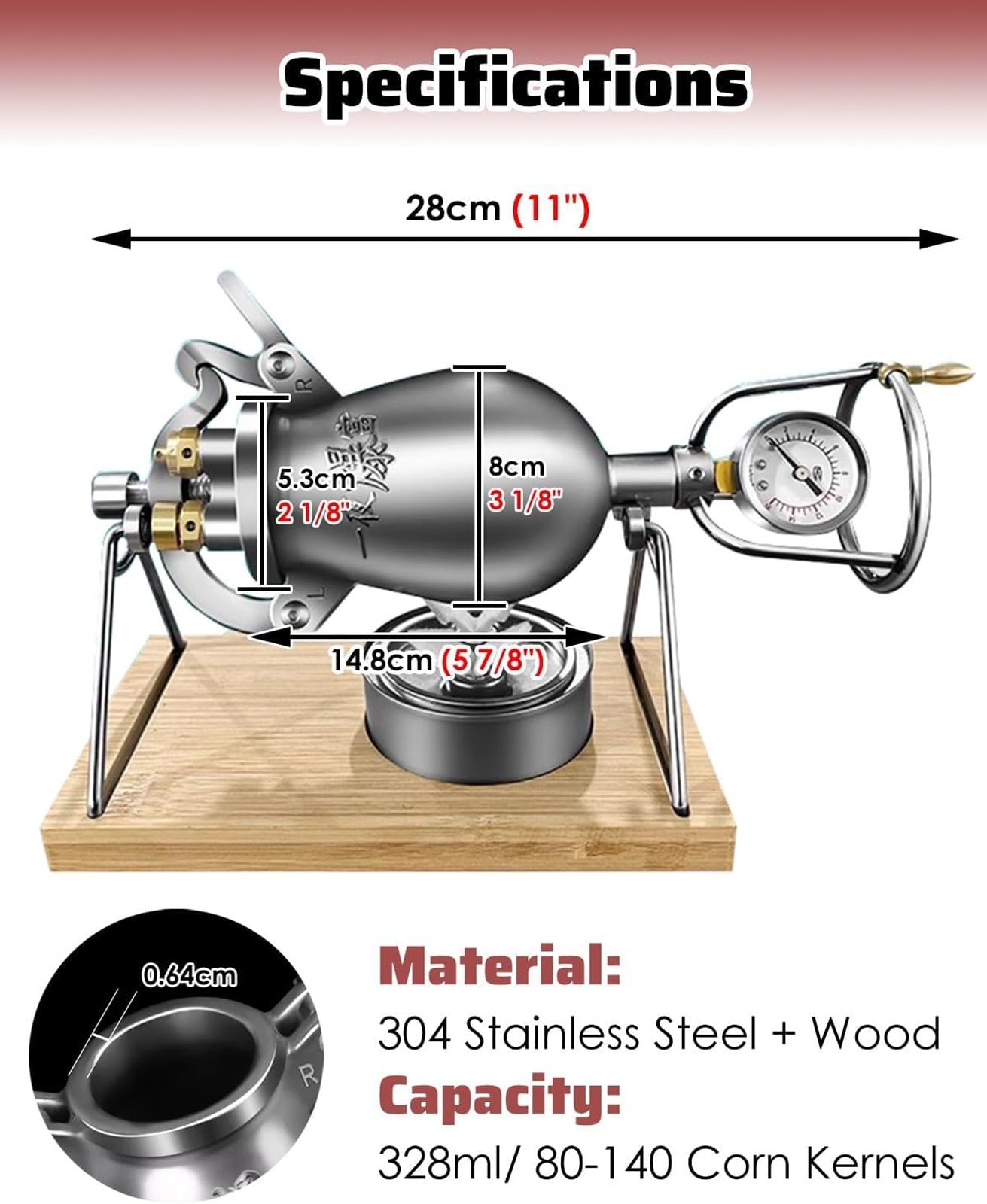 Macchina per Popcorn ad Alta Pressione, Cuociriso Soffiato ad Aria Calda, Cannone per Popcorn Manuale In Acciaio Inossidabile, Piccolo Popper per Popcorn da Fornello Vecchio Stile(338ml)