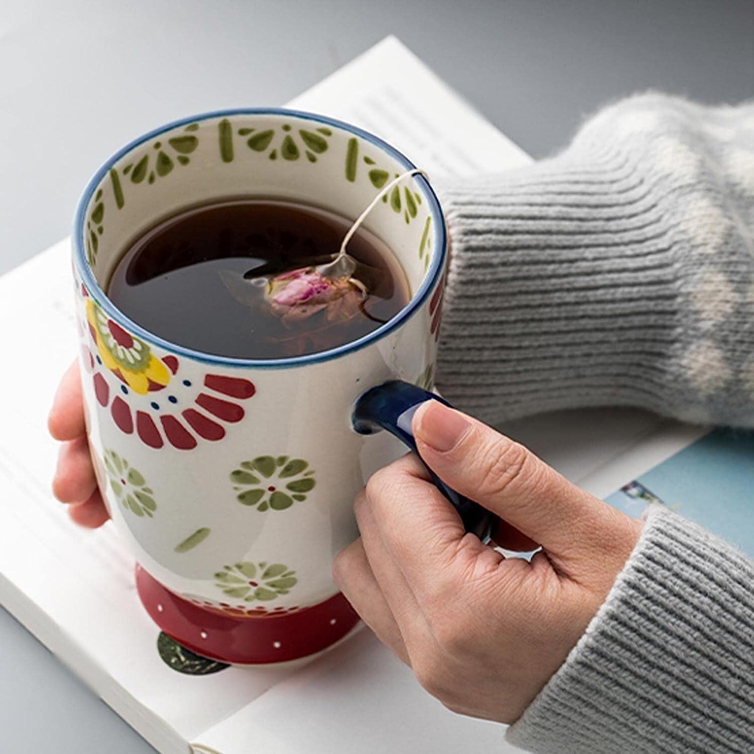 Tassen Kaffeetassen Tassen Keramik Bemalt Becher Haferflocken Frühstück Tasse Milch Tasse Haushalt Große Trinkbecher Mit Deckel Und Löffel Tasse Teetasse Freunde (Color : A, Size : 575ml)