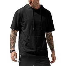 Mens Short Sleeve Hoodie Cotton Hooded T-shirts Lightweight Solid Tops with Pocket