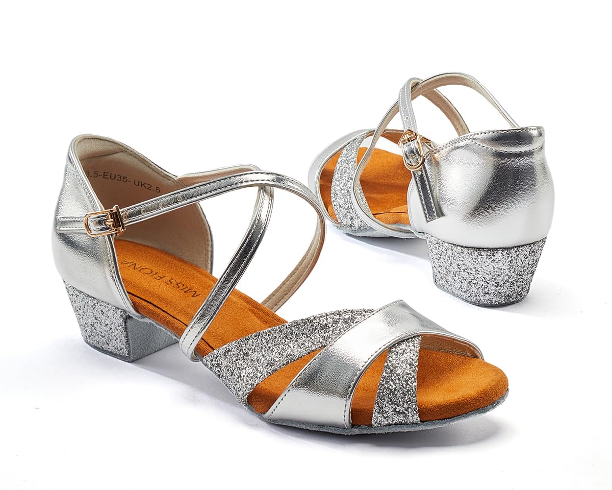 missfiona Scarpe da Ballo Latino per Ragazze e Donna, Scarpe da Danza per Bambini Glitterata con Tacco Basso