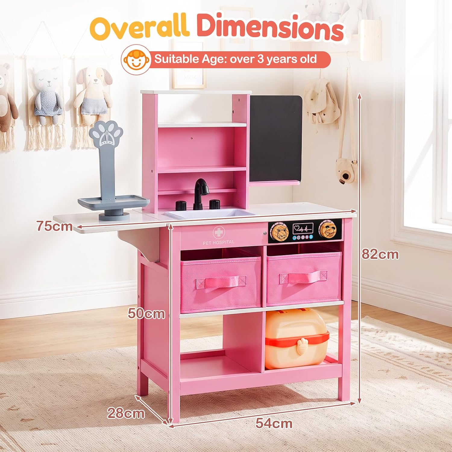 HONEY JOY Kids Wooden Doctor Play Set, 2 In 1 Checkup Medical Office Center & Vet Clinic Station, Chalkboard, Pet Scale & Medical Kit, X-Ray, Toddler Pretend Hospital Playset Kit for Boys Girls (Pink)