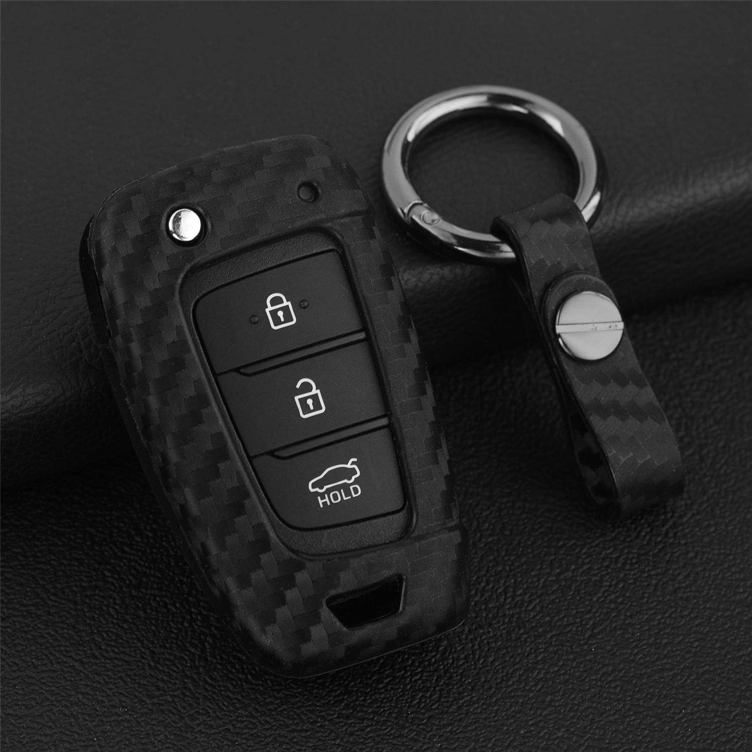 MissBlue Key Cover For Hyundai, Silicone TPU Soft Key Case, Car Key Protector For Hyundai Accent Elantra I30 I35 I40 Kona Santa Fe Solaris Tucson Veloster - Carbon Fiber Pattern - Round Keychain