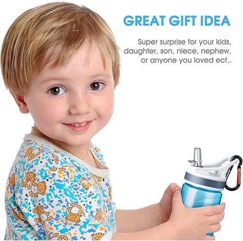 Vista 8 de AceCamp Paquete de 2 botellas de agua para niños con popote para la escuela, niños y niñas, botella de agua pequeña de 12 onzas con clip Tritan sin