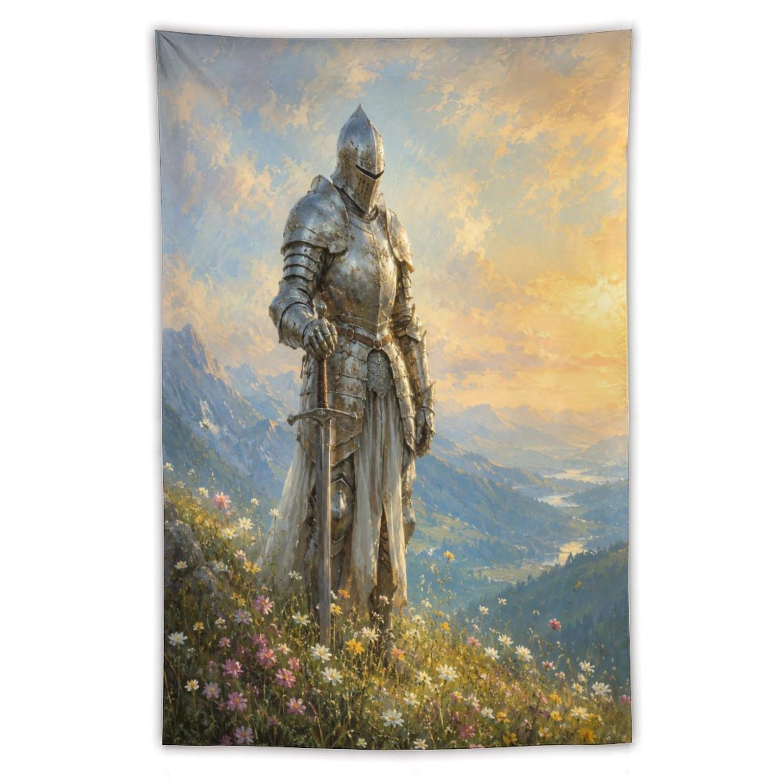 W7C8U2X3 Medieval Knight Mountain Wall Tapestry, Renaissance Art Style, Bed