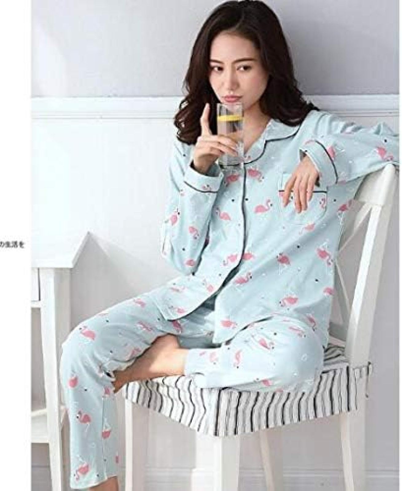 Pijamas De Algodón Para Mujer, Ropa De Dormir Estampada De Manga Larga, Conjunto De Pijama De Otoño E Invierno,Azul,SG