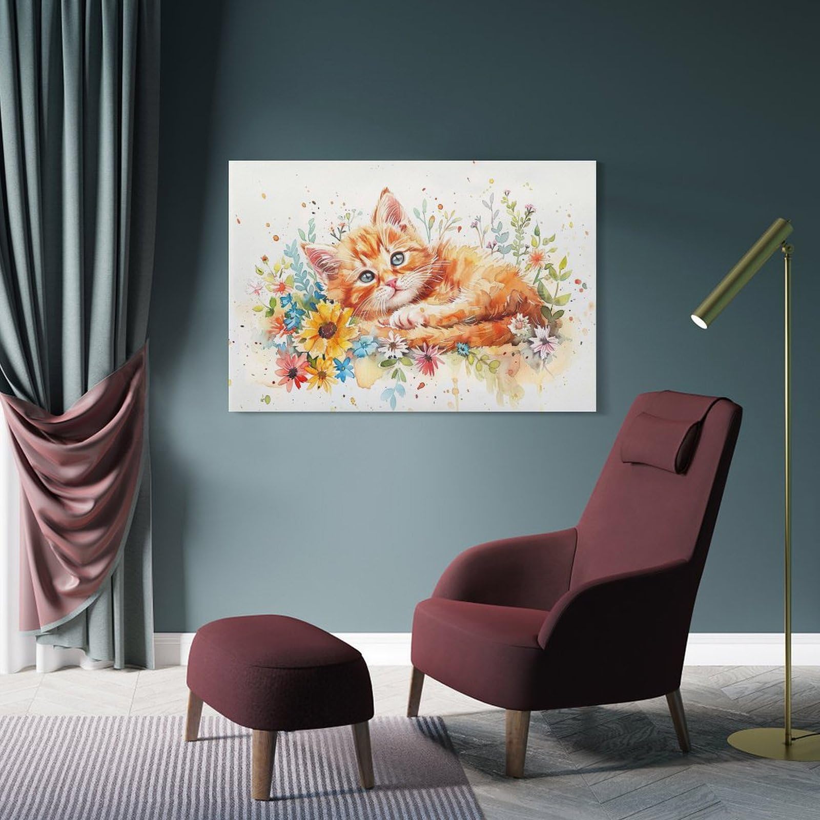 Amazon.co.jp: 絵画 花の中に横たわるかわいい子猫 アートパネル