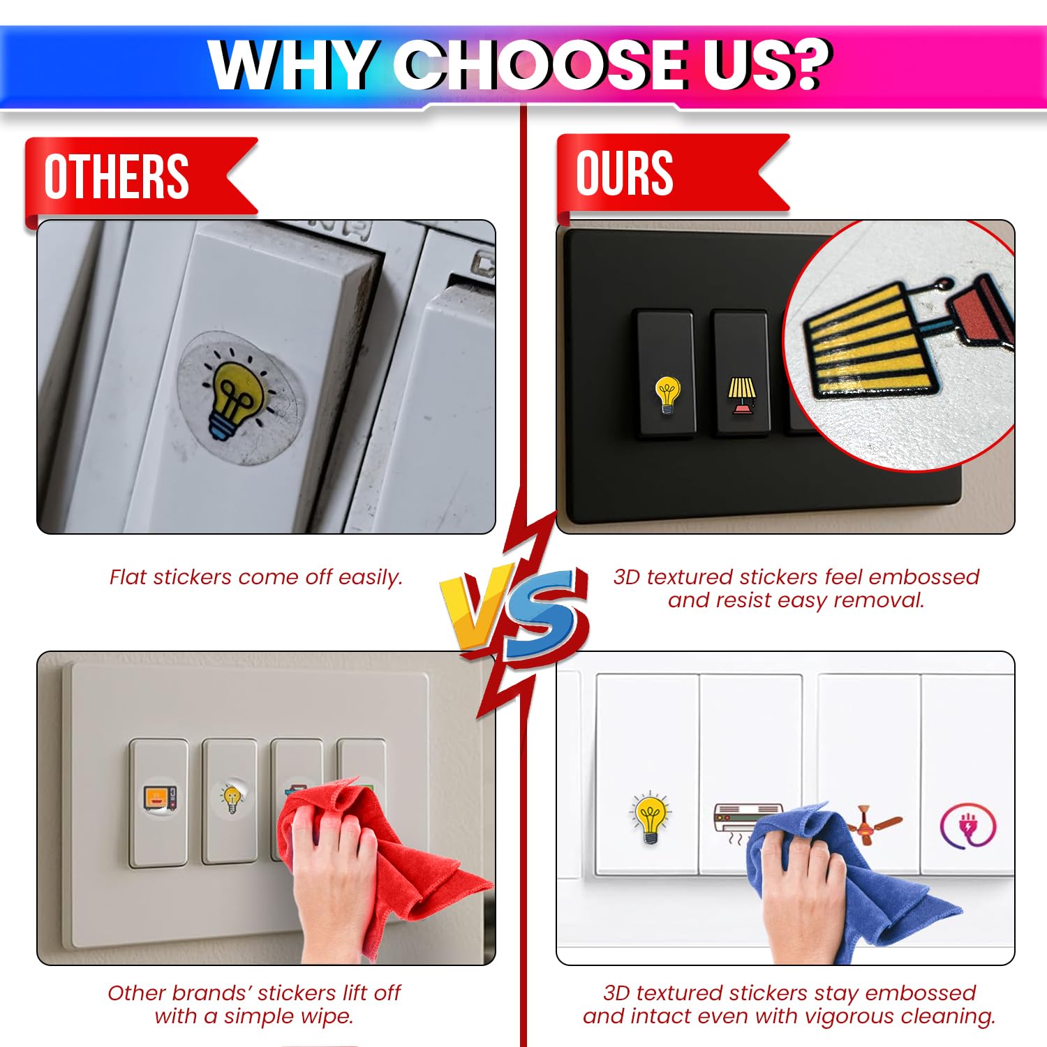 amiciCare Switch Board Stickers – 42 Embossed Self-Adhesive Unique Design 4