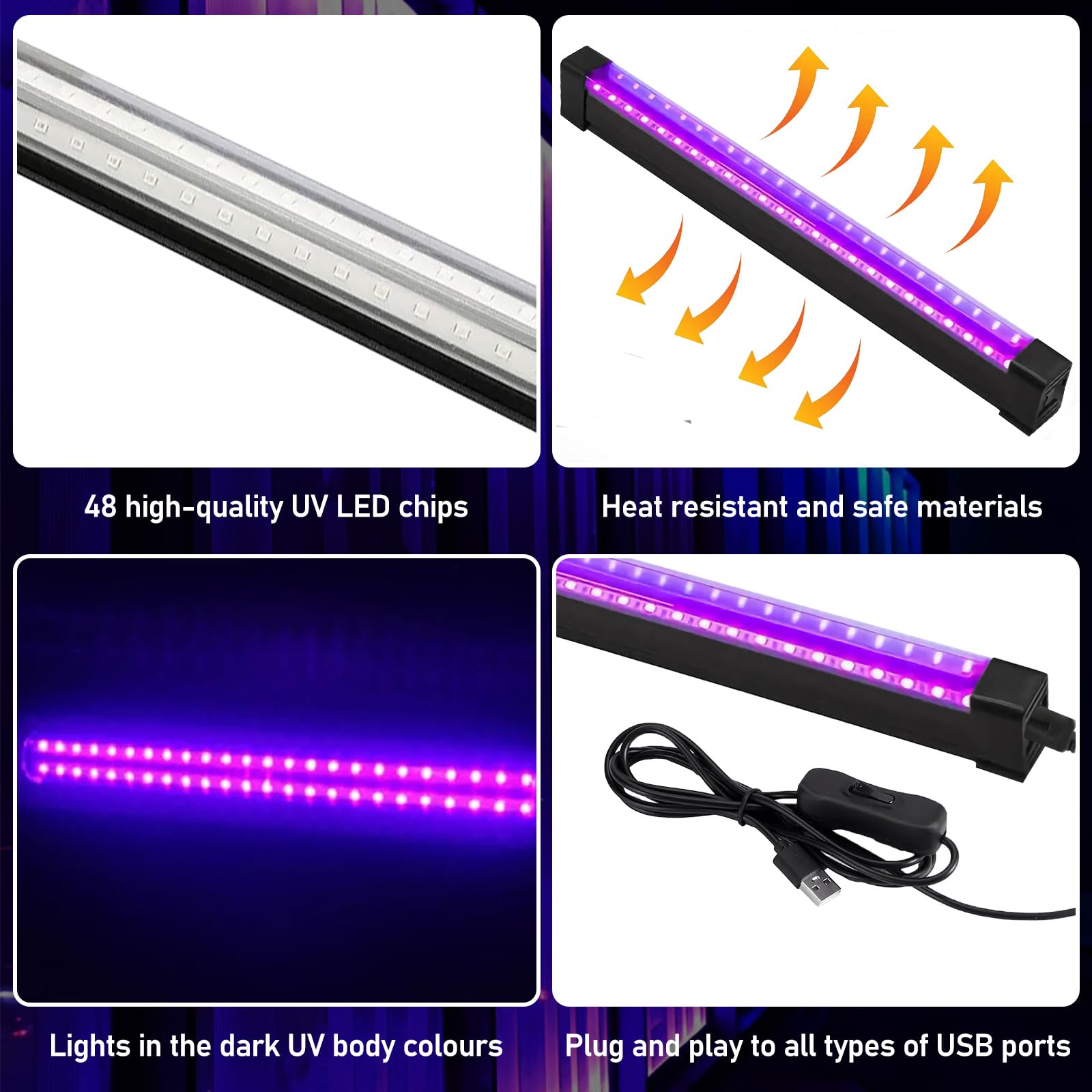 BORDEAG 2 Piezas Luz Negra LED, Tubo de Luz Negra, Barra de Luz Negra UV, 10W, para Bar Decoración de Halloween Navidad Resplandor de Neón