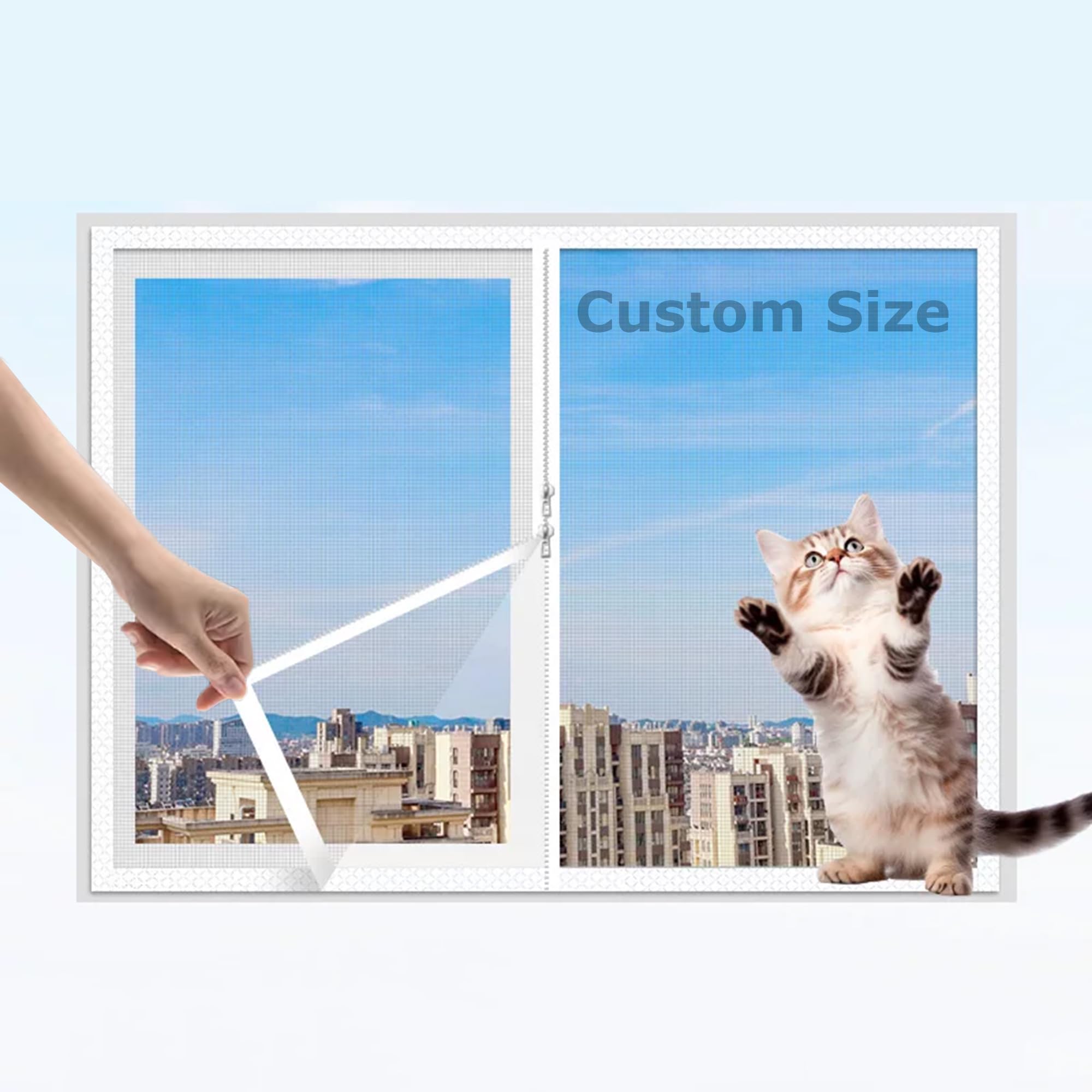 Xxiudee White/Black Custom Size Window Screen With Zipper, Fly Screen, Cat Safety Window Guard Mesh, Semi-Transparent Mosquito Netting Anti Insect, Self-Adhesive Insect Mesh