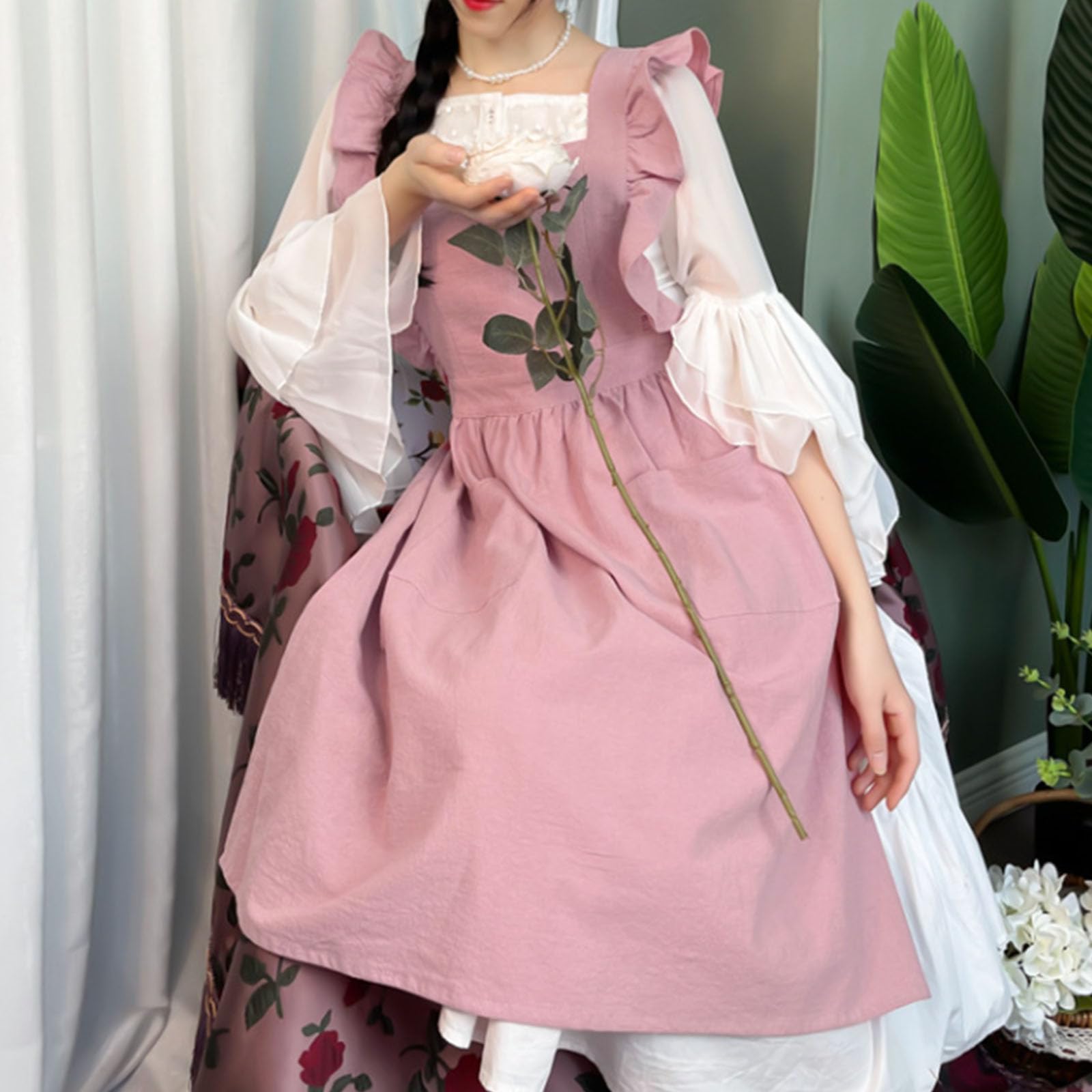 Delantal Cocina Mujer Estilo Francés Algodón Ajustable Bonito Delantal Vestido, con Bolsillos, Ideal para Hornear, Pintar, Limpiar,One Size,B