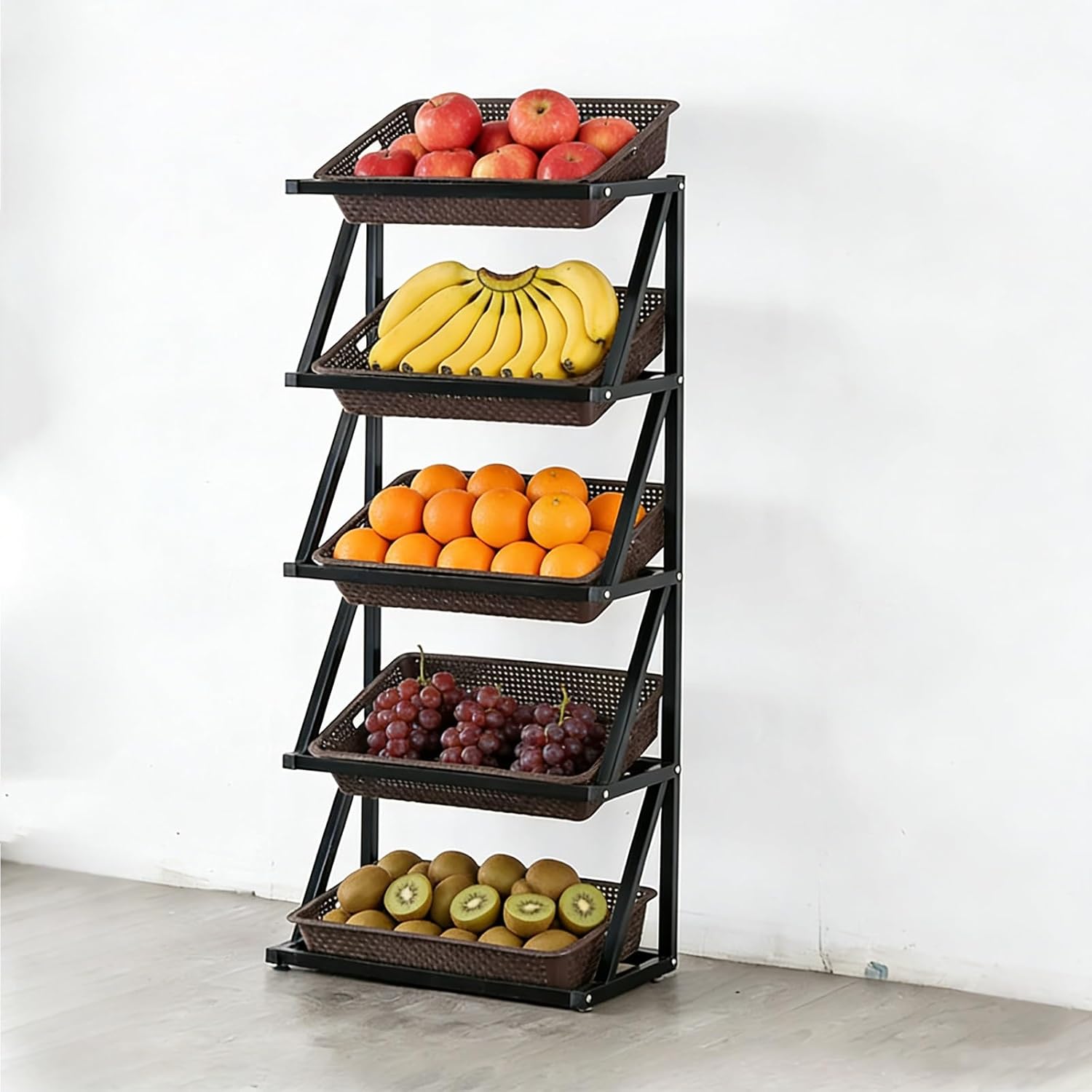 5 Tier Retail Display Rack, Fruit Vegetable Storage Basket Stand with 5 Storage Baskets, Snack Retail Basket Rack Set with Anti-Slip Feet for Home Store Market Kitchen(Brown)