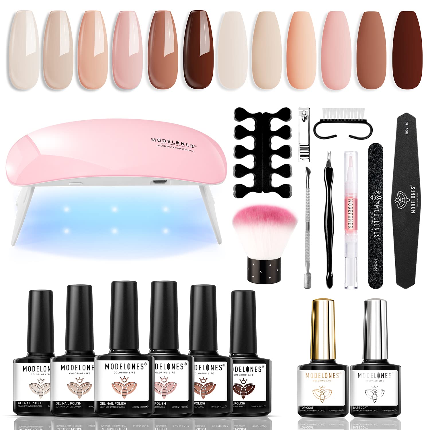Modelones Gel Nail Polish Kit Starter with U V Lamp Portable LED Dryer Lamp, 6 Colors Soak Off Pastel Nude Brown Gel Nail Polish Set/Gel Top & Base Coat/Essential Manicure Nail Art Kit for Beginner