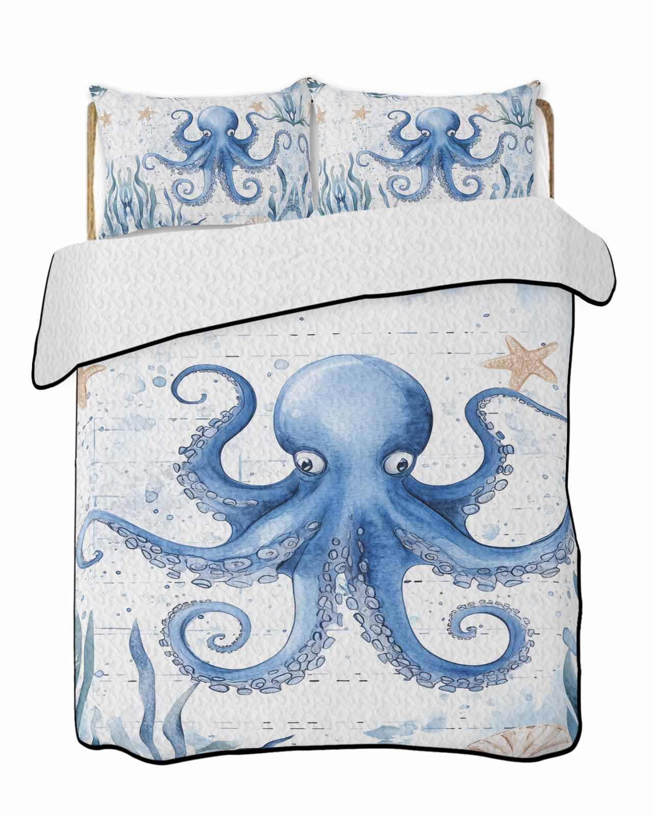 Reversible Down Alternative Comforter Quilted, Cartoon Blue Monster Waterweed Duvet Insert Lightweight Soft Bedspread Throw Blankets Nautical Starfish Shell for All Seasons Bed Sofa Decor