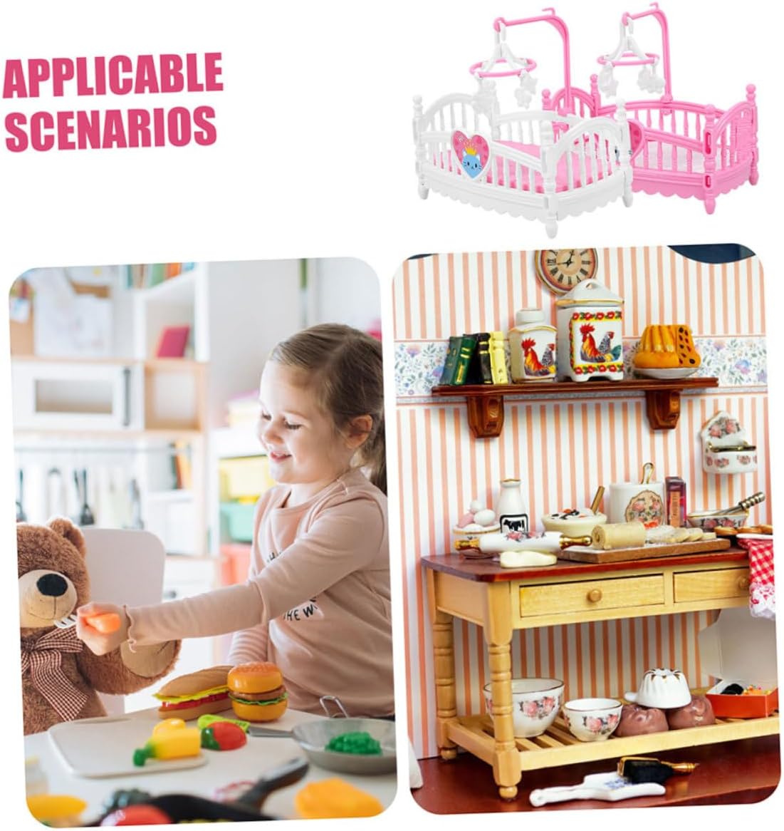 4 Pcs Miniature Dollhouse Bed Set, Cartoon Plastic Doll Crib with Mobile, Small Bedroom Furniture for Pretend Play, Tiny Nursery Accessories for Girls and Boys, 2 White & 2 Pink