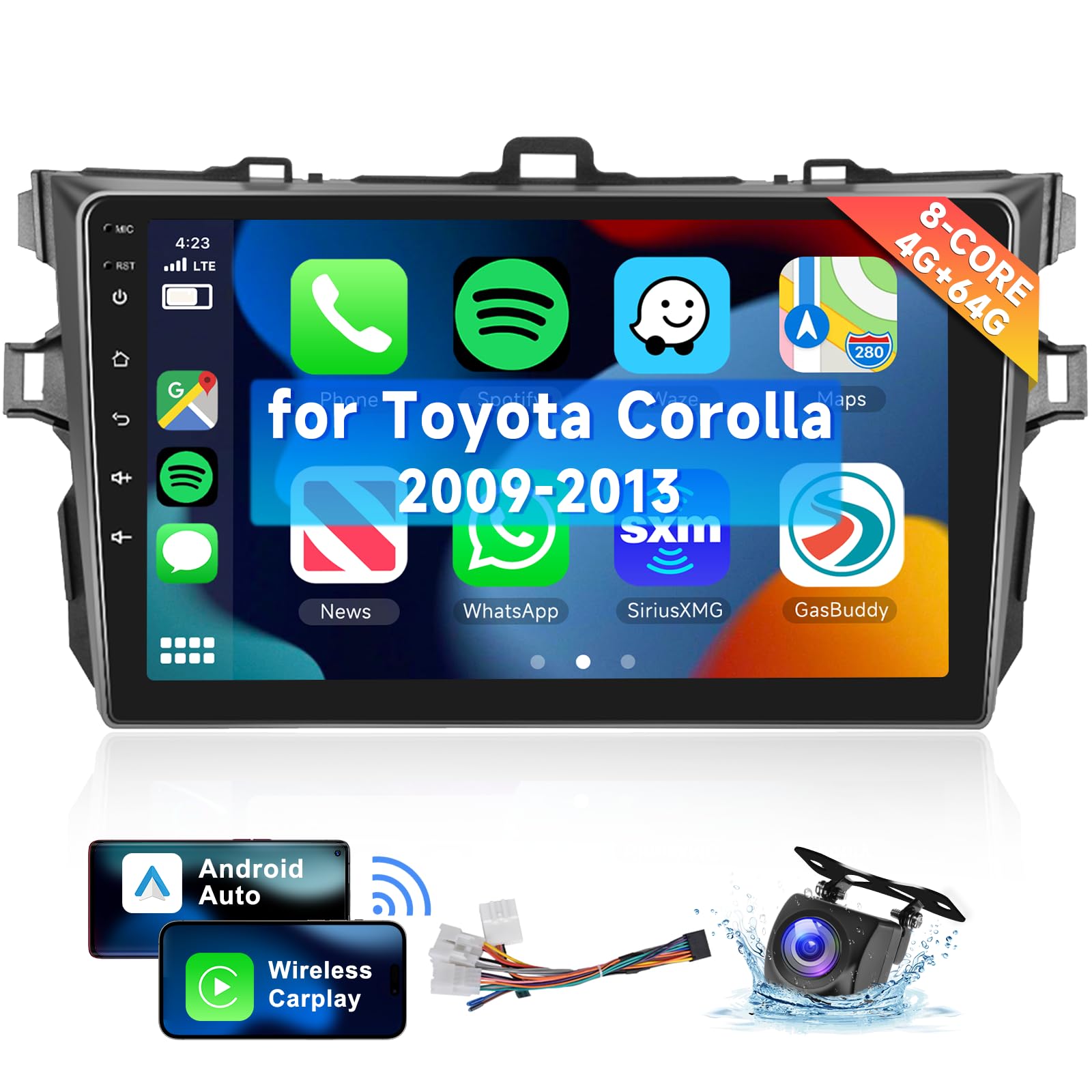 [8 CORE 4G+64G] for Toyota Corolla 2009-2013 Car Radio with Wireless Apple Carplay/Android Auto, 9 Inch Android 13 IPS Touch Screen Car Stereo, Bluetooth, GPS Navi, WiFi, SWC, DSP + Backup Camera-image-27