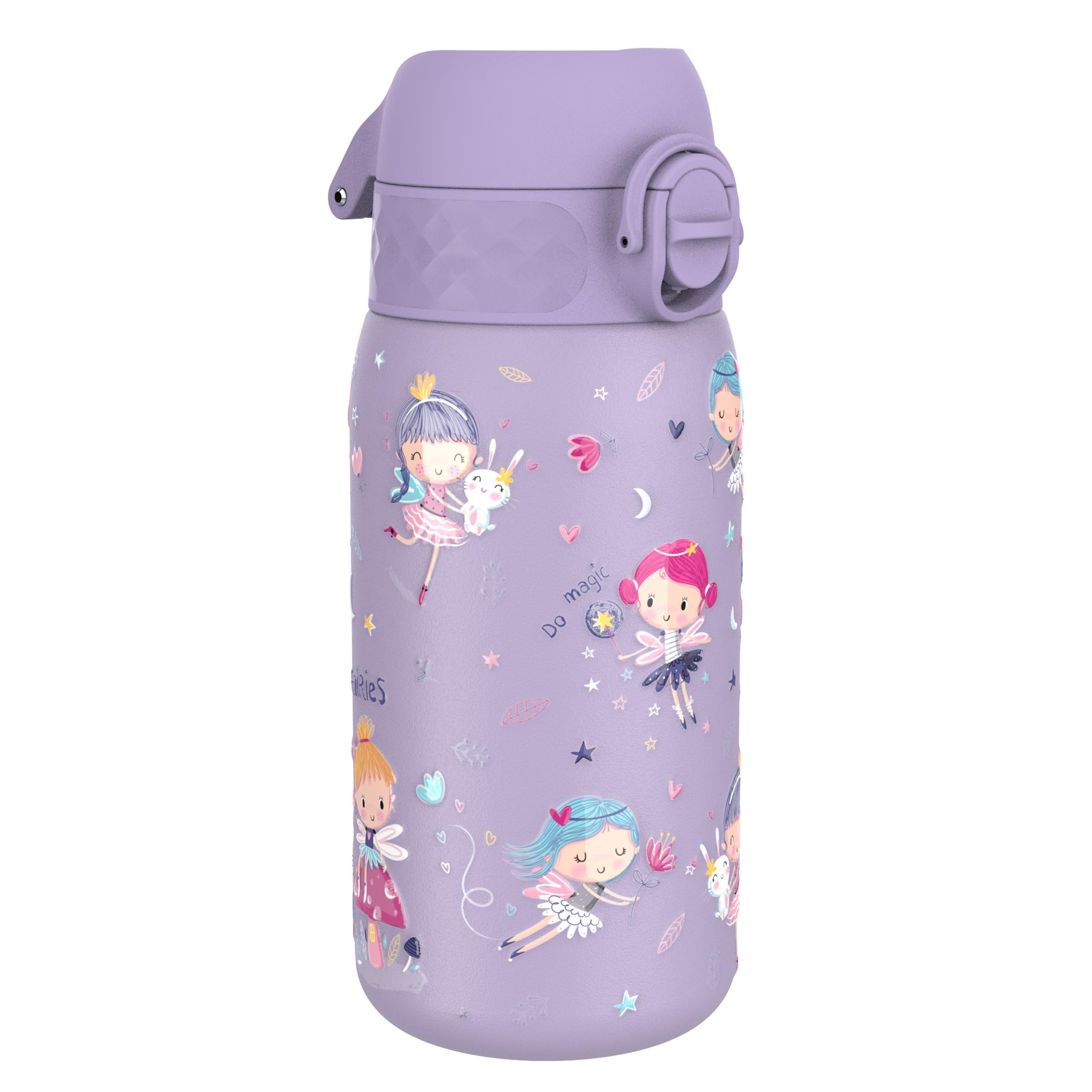 Ion8 Lightweight Steel Kids Water Bottle, 400ml/13oz, Non-Insulated, Leak Proof, Easy to Open, Secure Lock, Dishwasher Safe, Fits Cup Holders, Carry Handle, Metal Water Bottle, Purple, Fairies